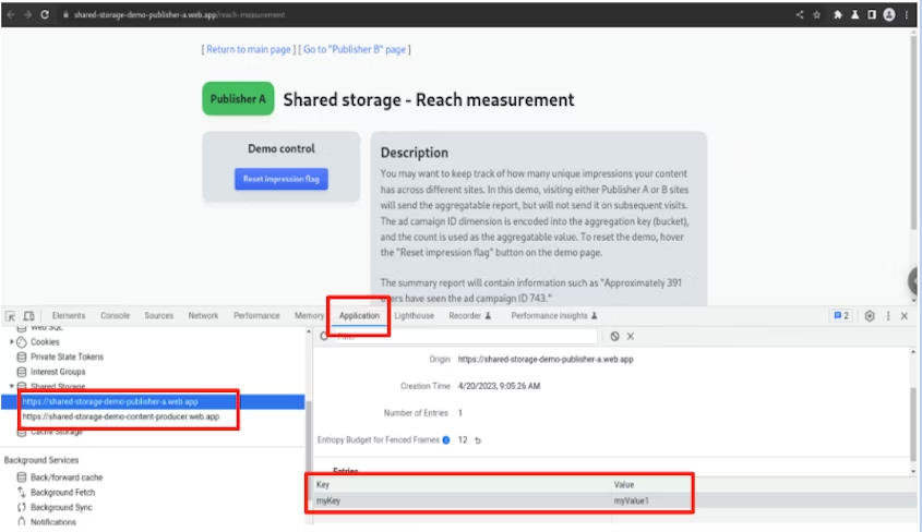 Veja os dados no armazenamento compartilhado usando o Chrome DevTools.