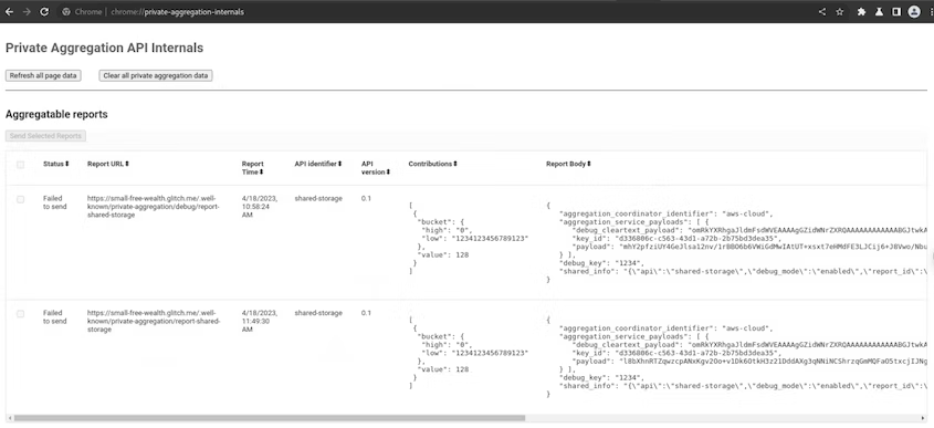 عرض التقارير في chrome://private-aggregation-internals