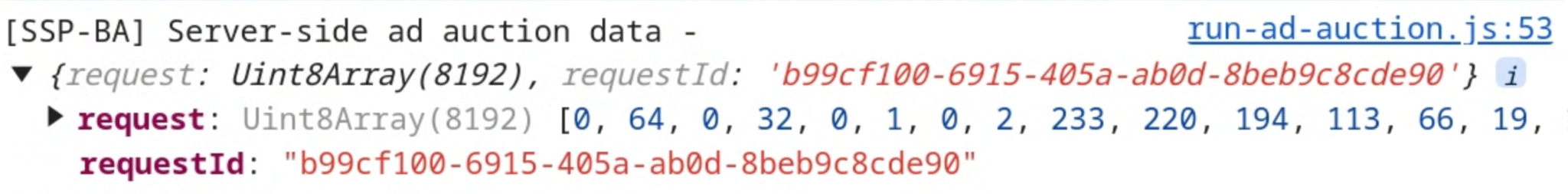 Chrome DevTools का स्क्रीनशॉट, जिसमें विज्ञापन नीलामी के डेटा में अनुरोध और अनुरोध आईडी उपलब्ध होने की जानकारी दी गई है