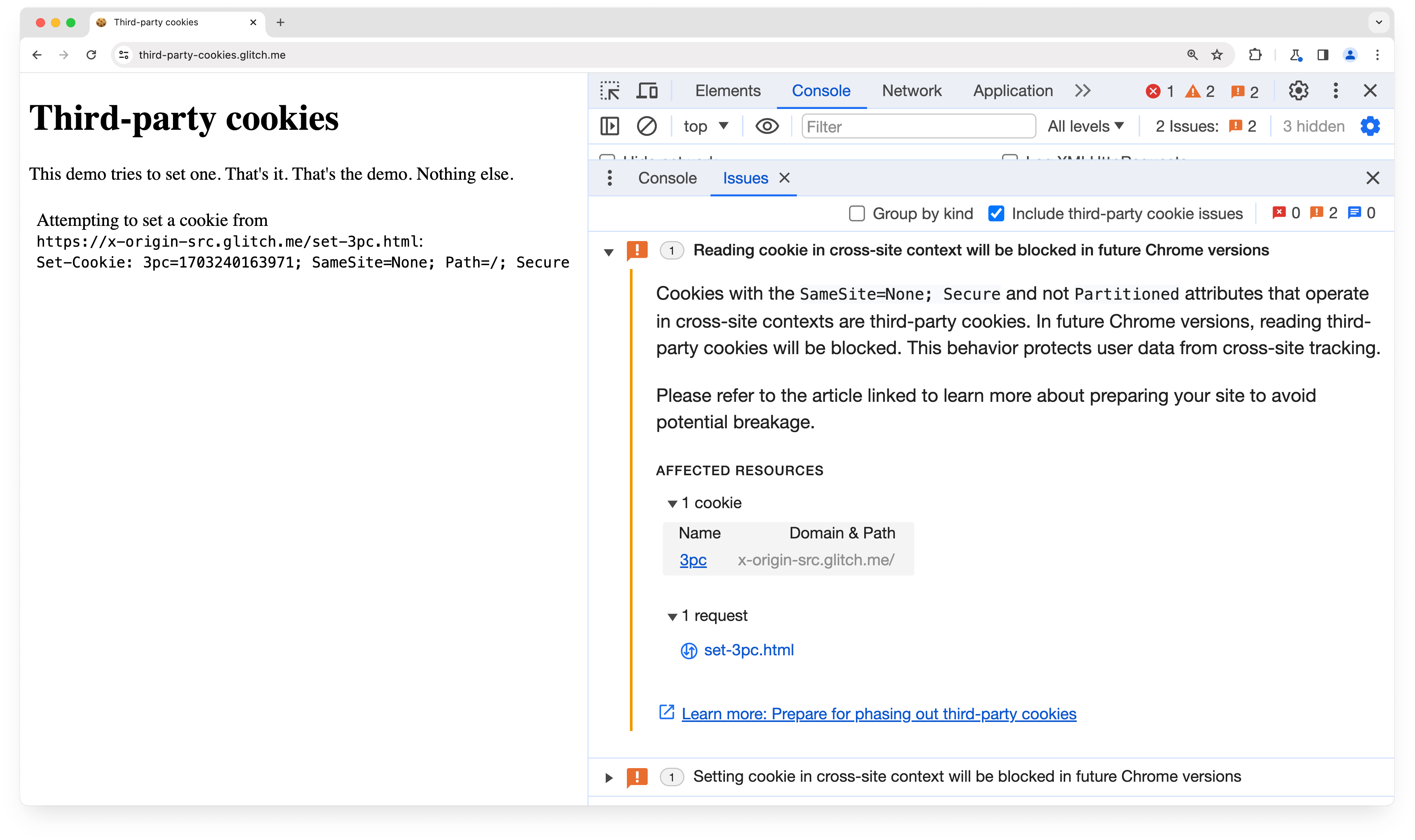 SameSite=None Cookie に関する警告が表示された DevTools の [問題] タブ。