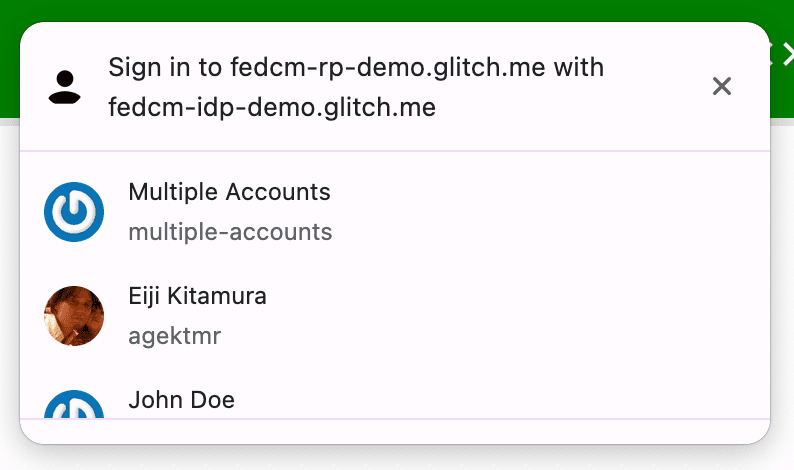 複数のユーザー アカウントが表示されている FedCM ダイアログ。