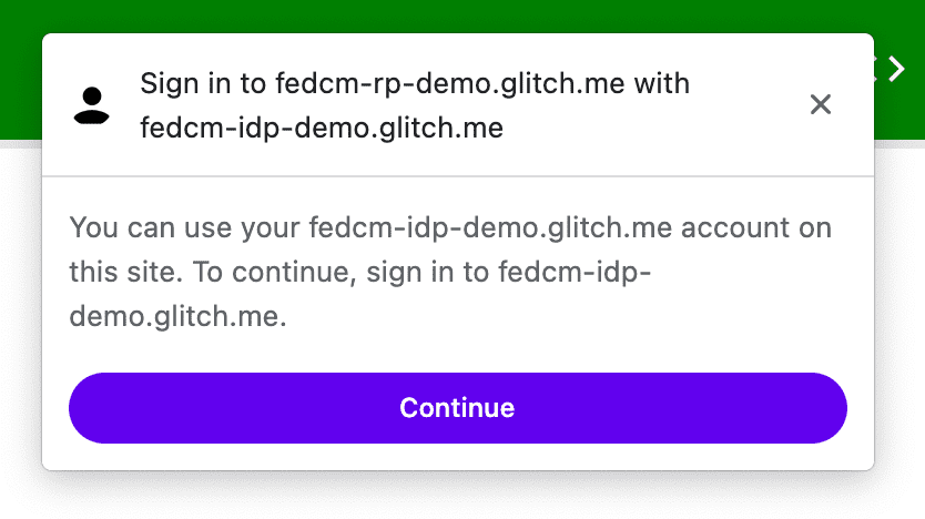 A FedCM dialog suggesting to sign in to the IdP.