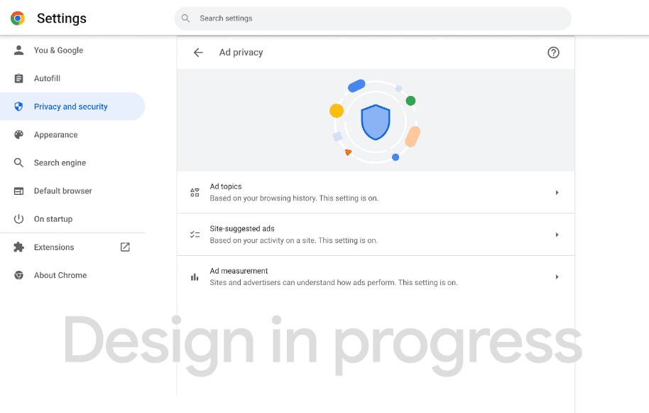 Visualização dos controles de privacidade de anúncios no Chrome.