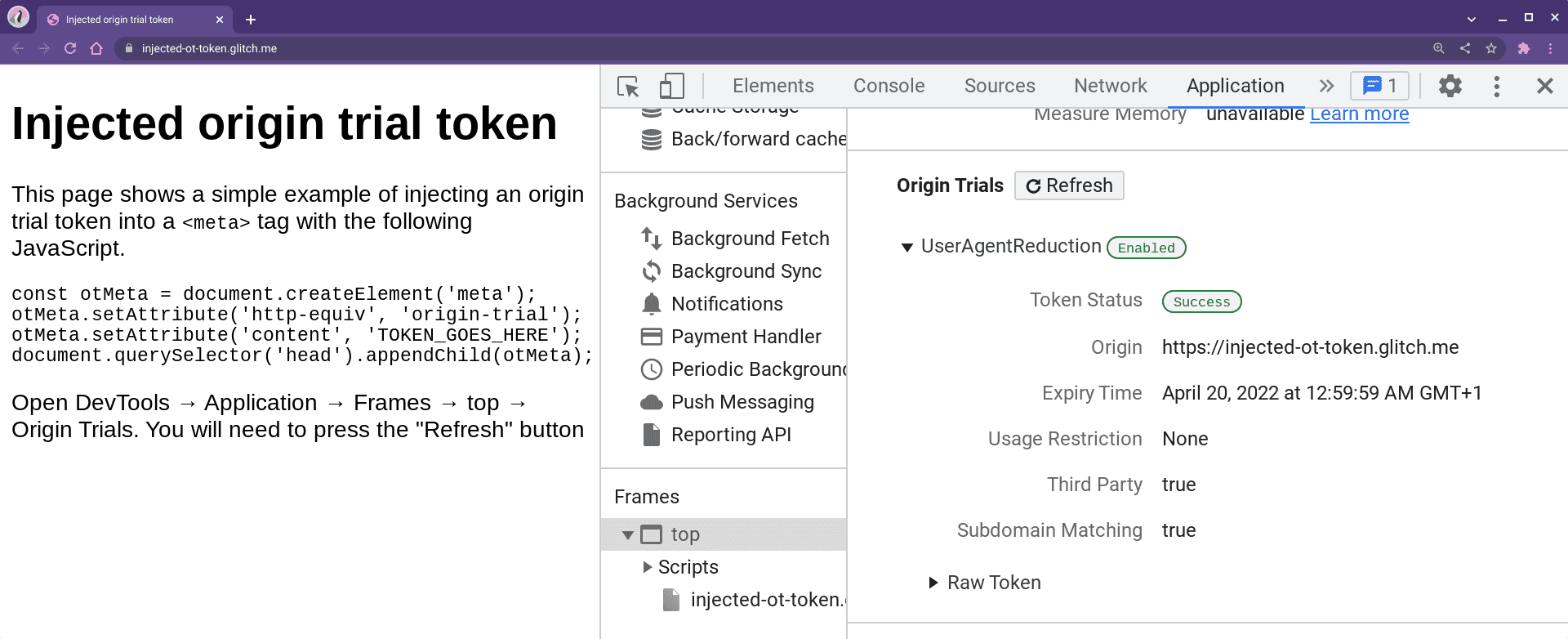 DevTools mostrando o status do teste de origem em &quot;Aplicativos&quot;