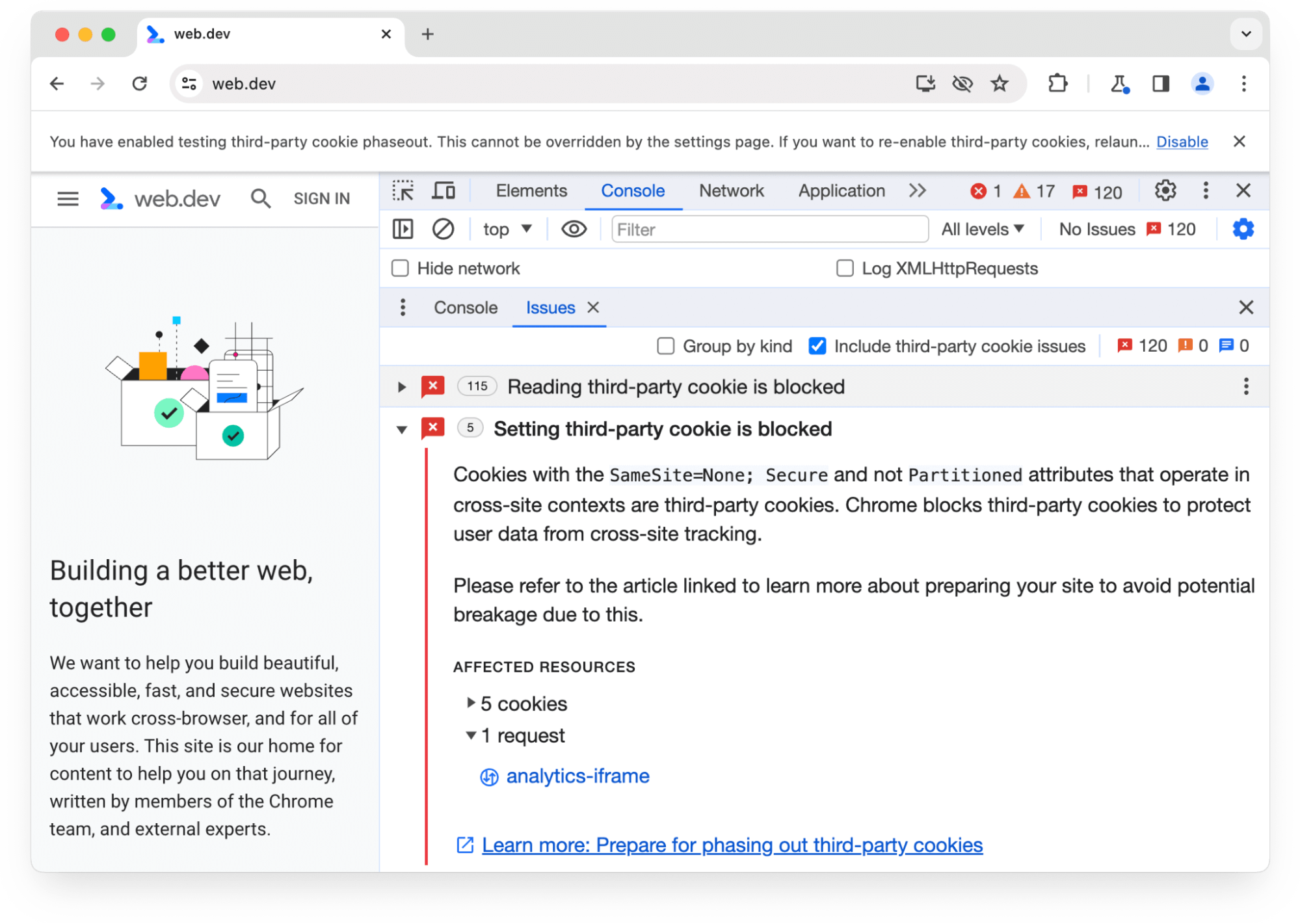 Avviso nel riquadro Problemi di Chrome DevTools relativo a 5 cookie di terze parti bloccati per 1 richiesta.