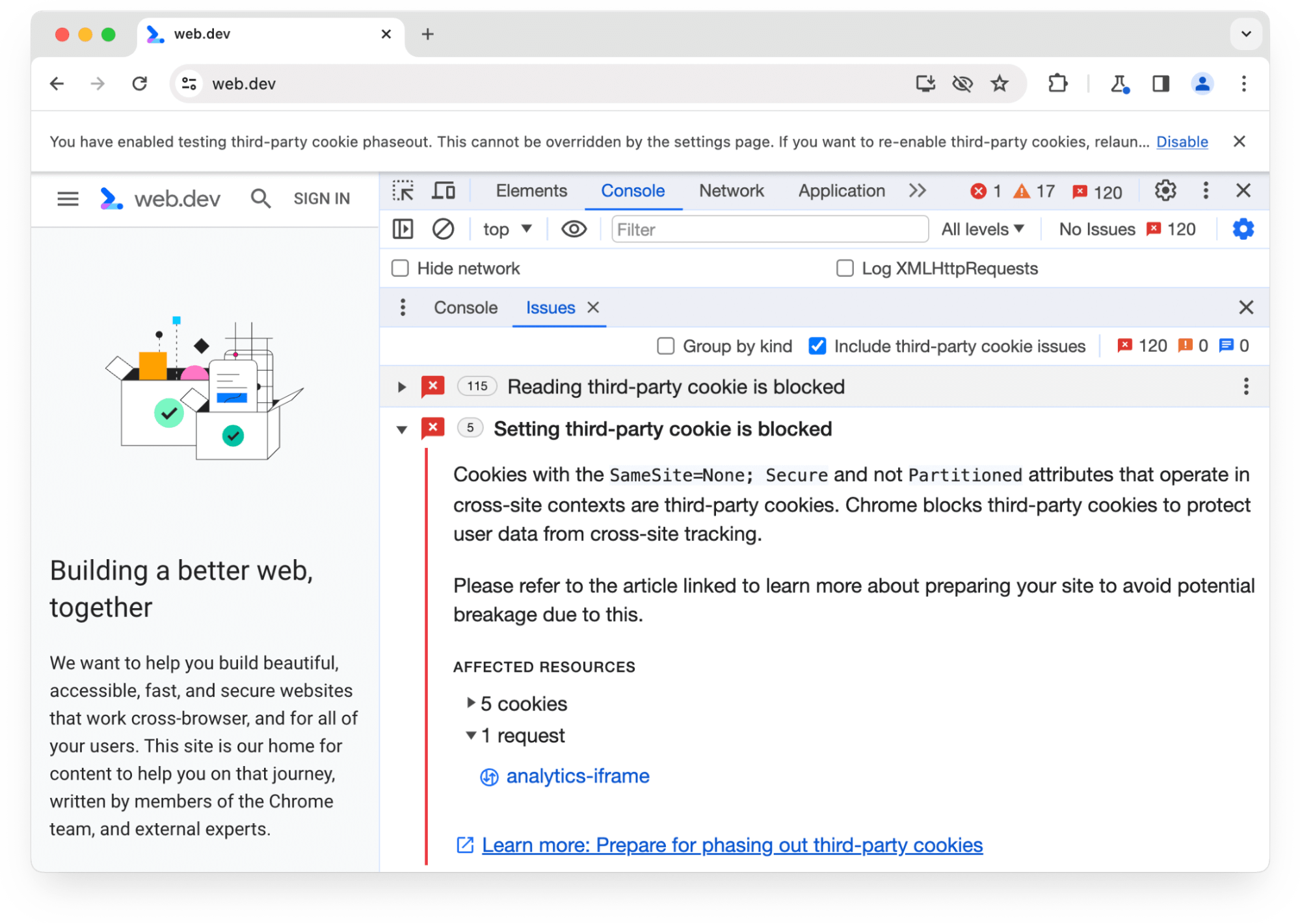 Chrome 开发者工具的“Issues”面板显示了警告，说明有 5 个第三方 Cookie 已被 1 个请求屏蔽。