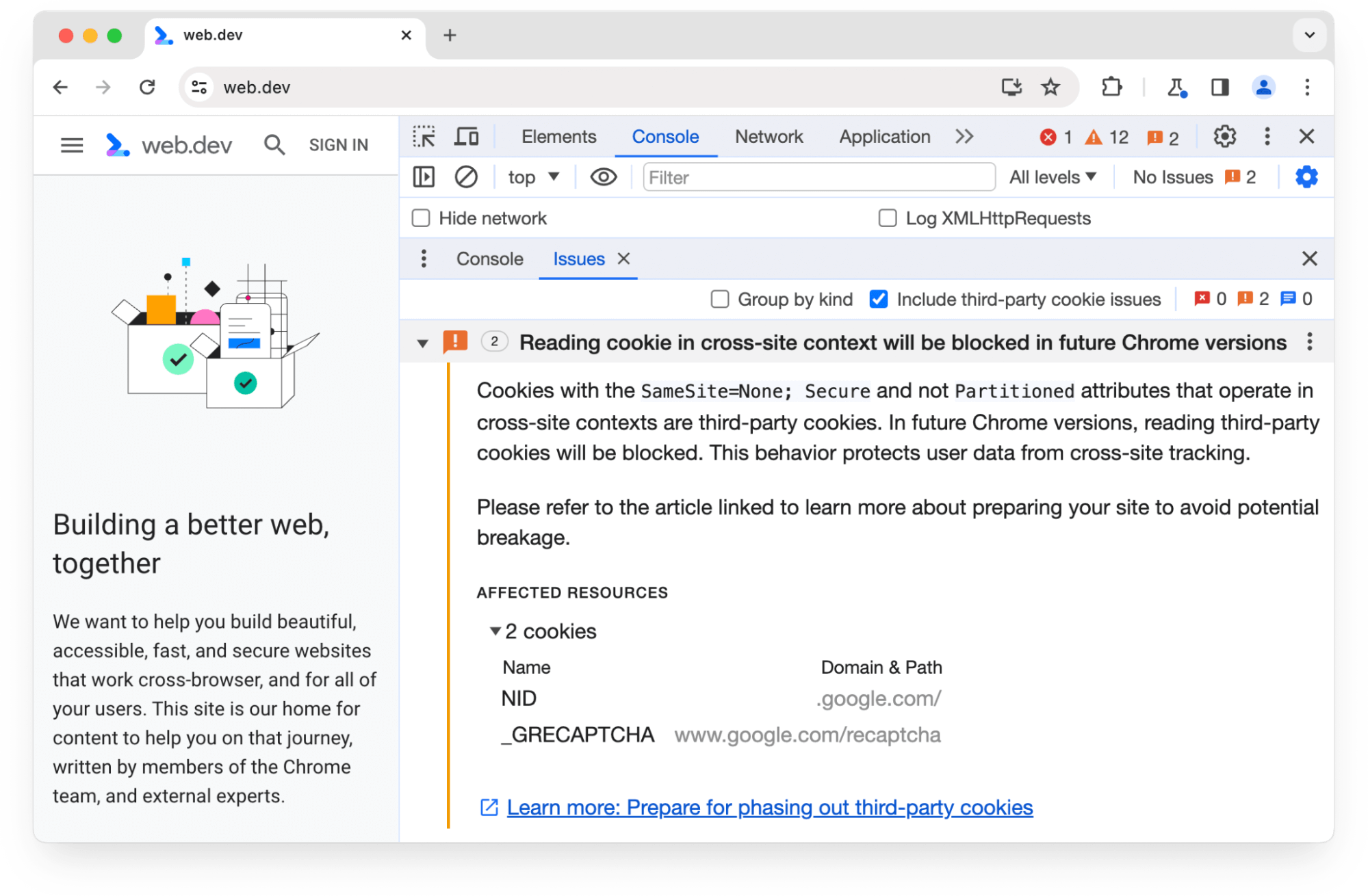 Ostrzeżenie w panelu problemów z Narzędziami deweloperskimi w Chrome o 2 plikach cookie innych firm, które zostaną zablokowane w przyszłych wersjach Chrome.