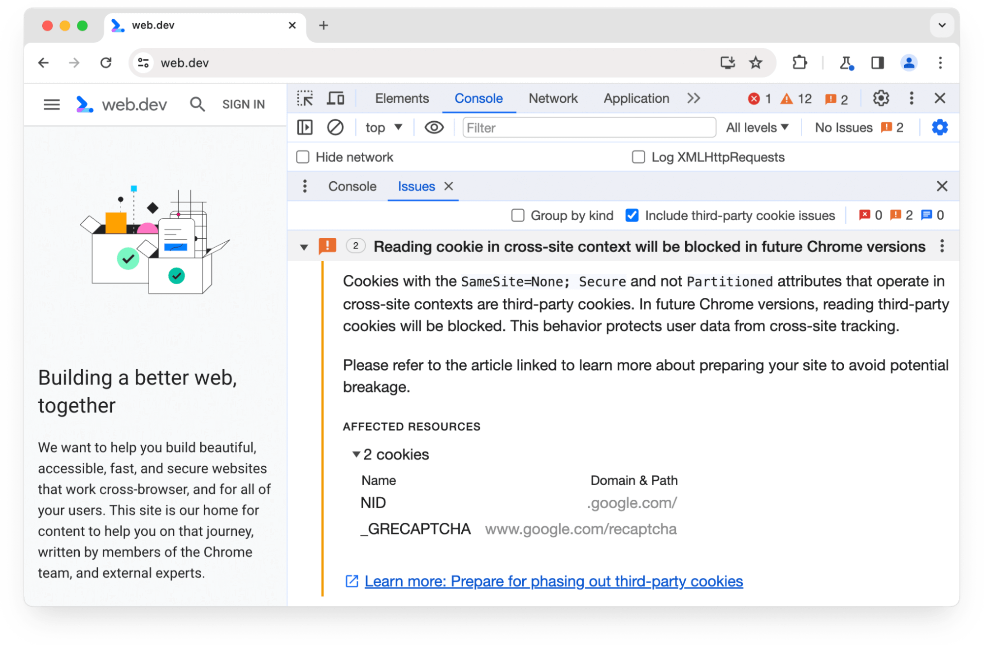 Chrome の今後のバージョンでブロックされる 2 つのサードパーティ Cookie に関する Chrome DevTools の問題パネルの警告。