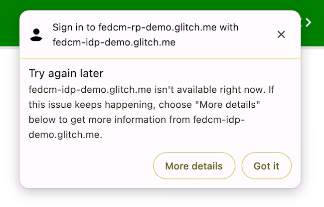 Dialog FedCM yang menampilkan pesan error setelah upaya login pengguna gagal. String ini terkait dengan jenis error.