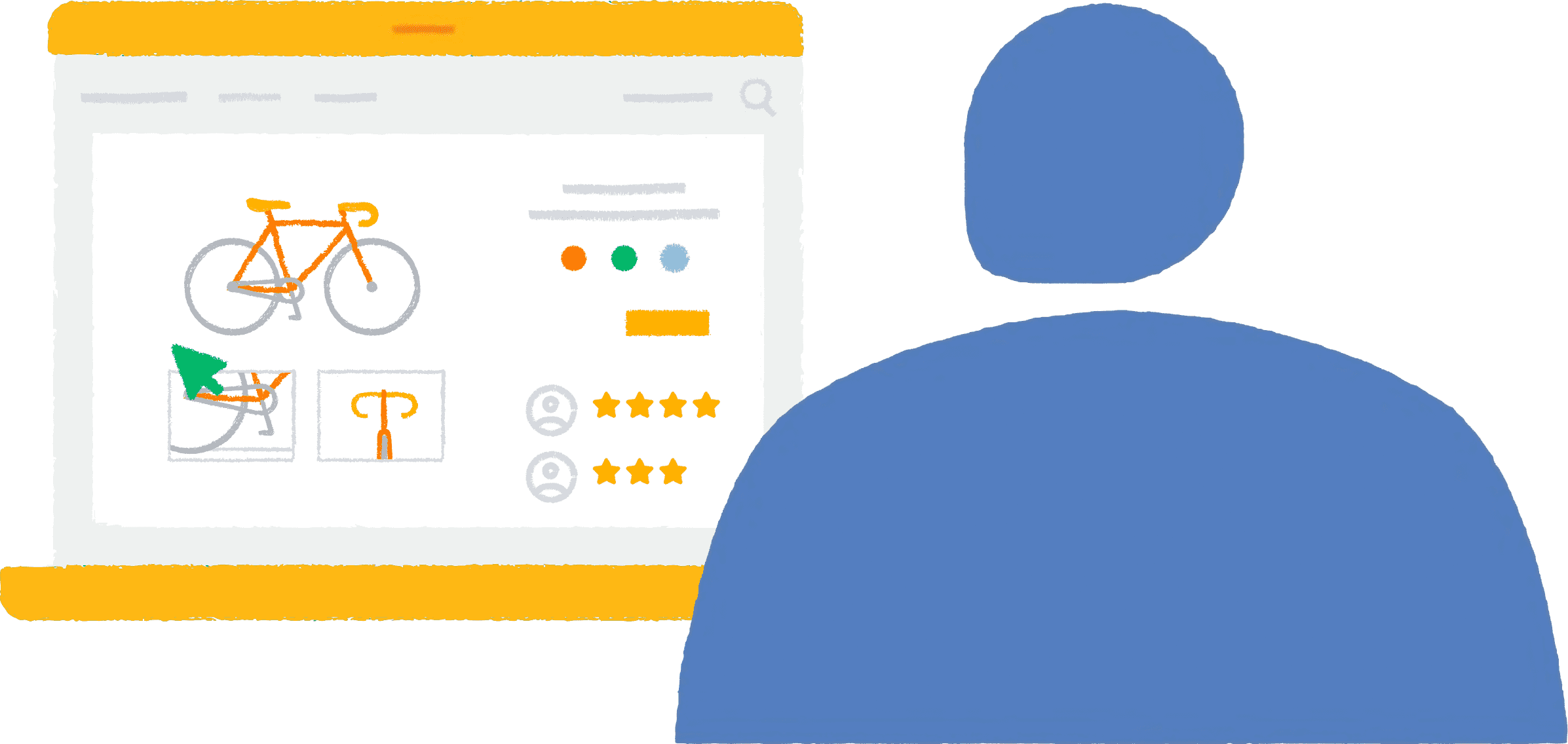 ノートパソコンのブラウザでカスタムの自転車メーカーのサイトにアクセスする人物のイラスト。