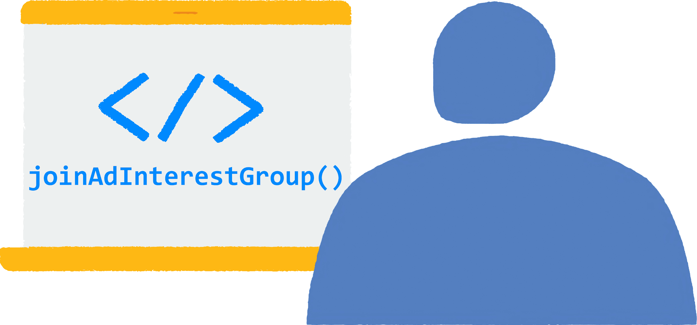 Ilustrasi yang menampilkan seseorang melihat situs di browser di laptopnya. Kode JavaScript joinAdInterestGroup() berjalan di browser.