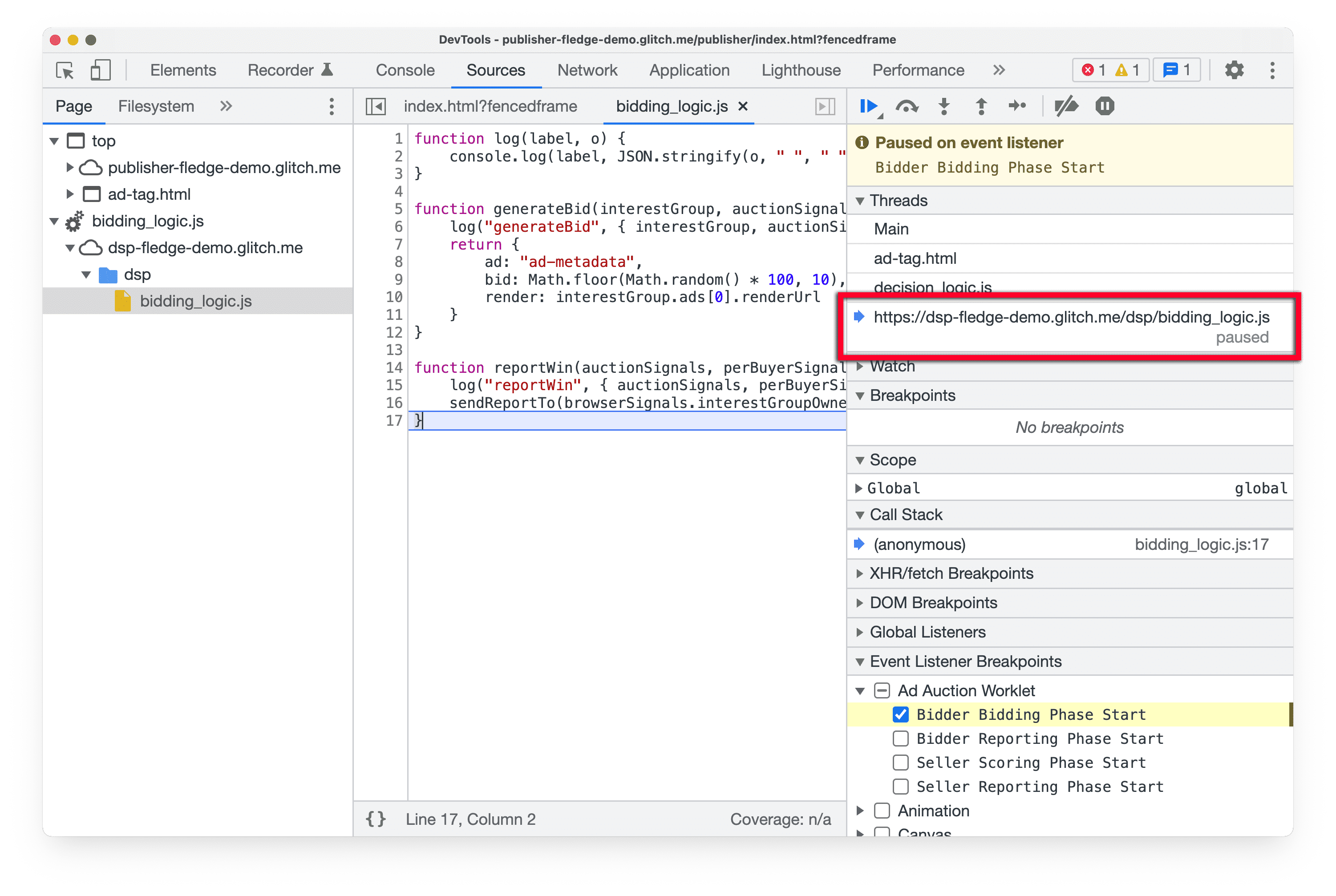 Capture d&#39;écran des outils de développement dans Chrome Canary, avec le volet &quot;Threads&quot; encadré dans le panneau &quot;Sources&quot; et montrant le script de worklet actuellement mis en pause.