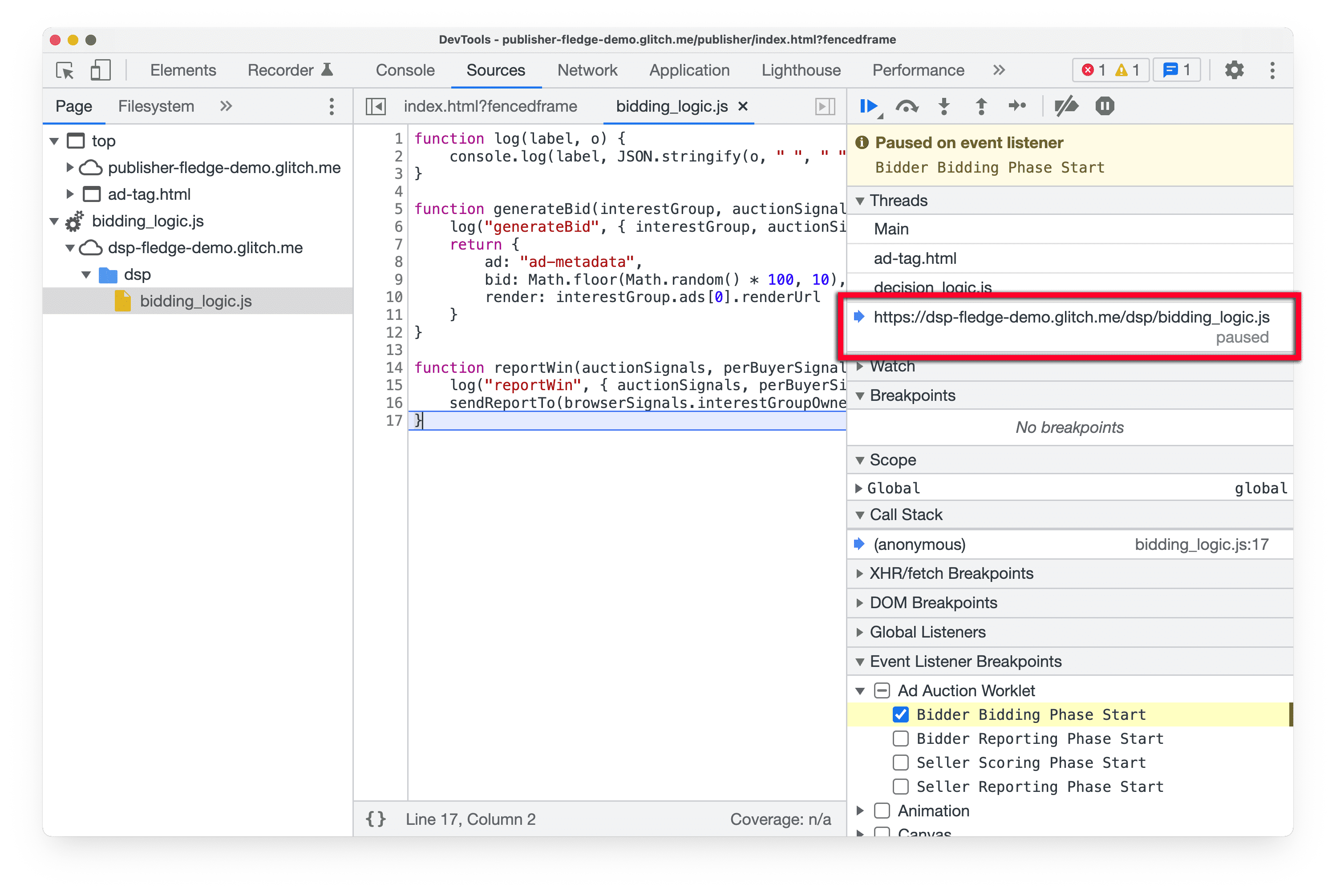 Screenshot di
DevTools in Chrome Canary con l&#39;evidenziazione del riquadro Thread nel riquadro Origini, che mostra lo stato attuale
script di worklet che è stato messo in pausa.