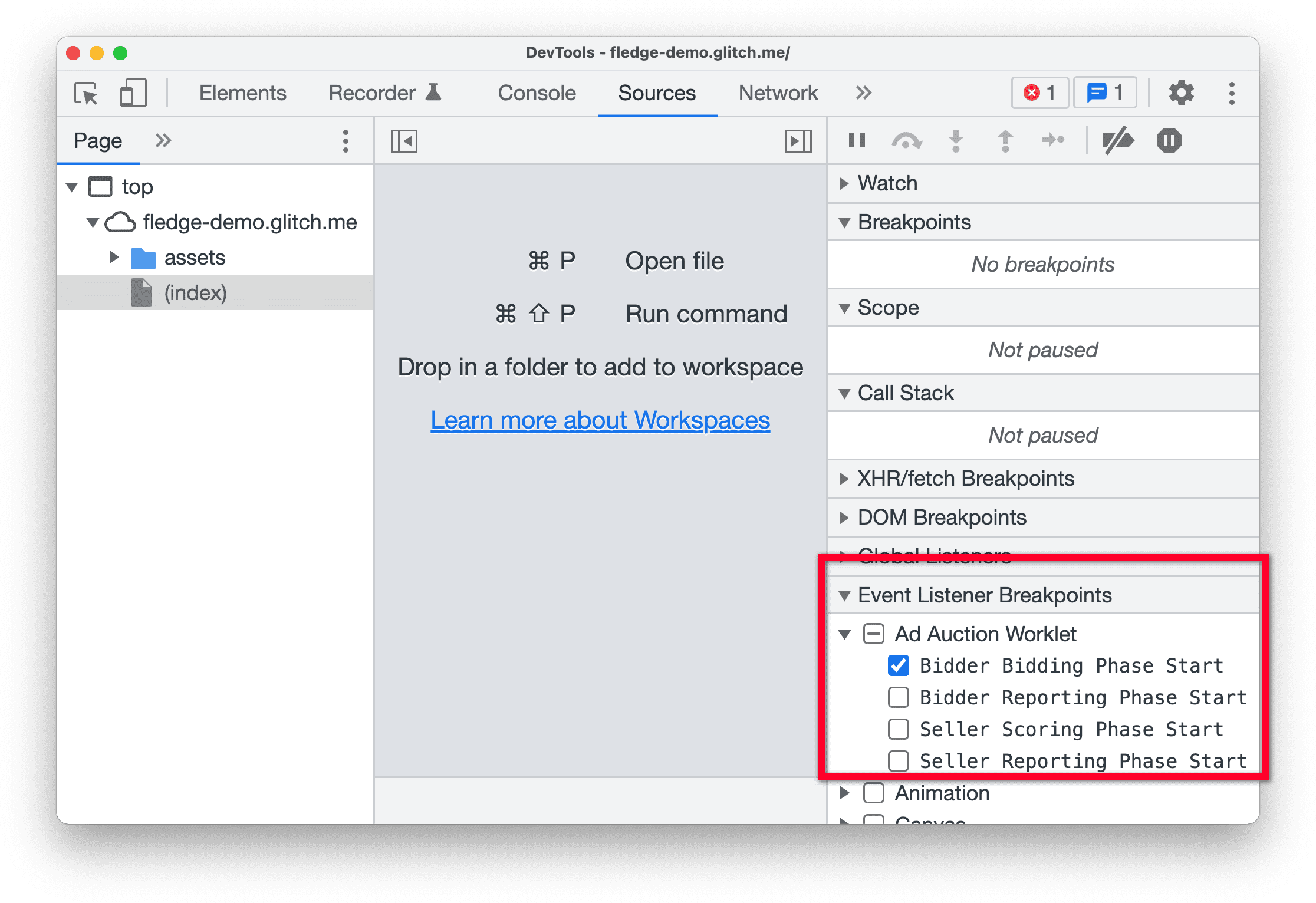 Capture d&#39;écran des outils de développement dans Chrome Canary mettant en évidence le volet &quot;Points d&#39;arrêt de l&#39;écouteur d&#39;événements&quot; dans le panneau &quot;Sources&quot;.
   Le début de la phase d&#39;enchères de l&#39;enchérisseur est sélectionné dans le Worklet d&#39;enchères publicitaires.