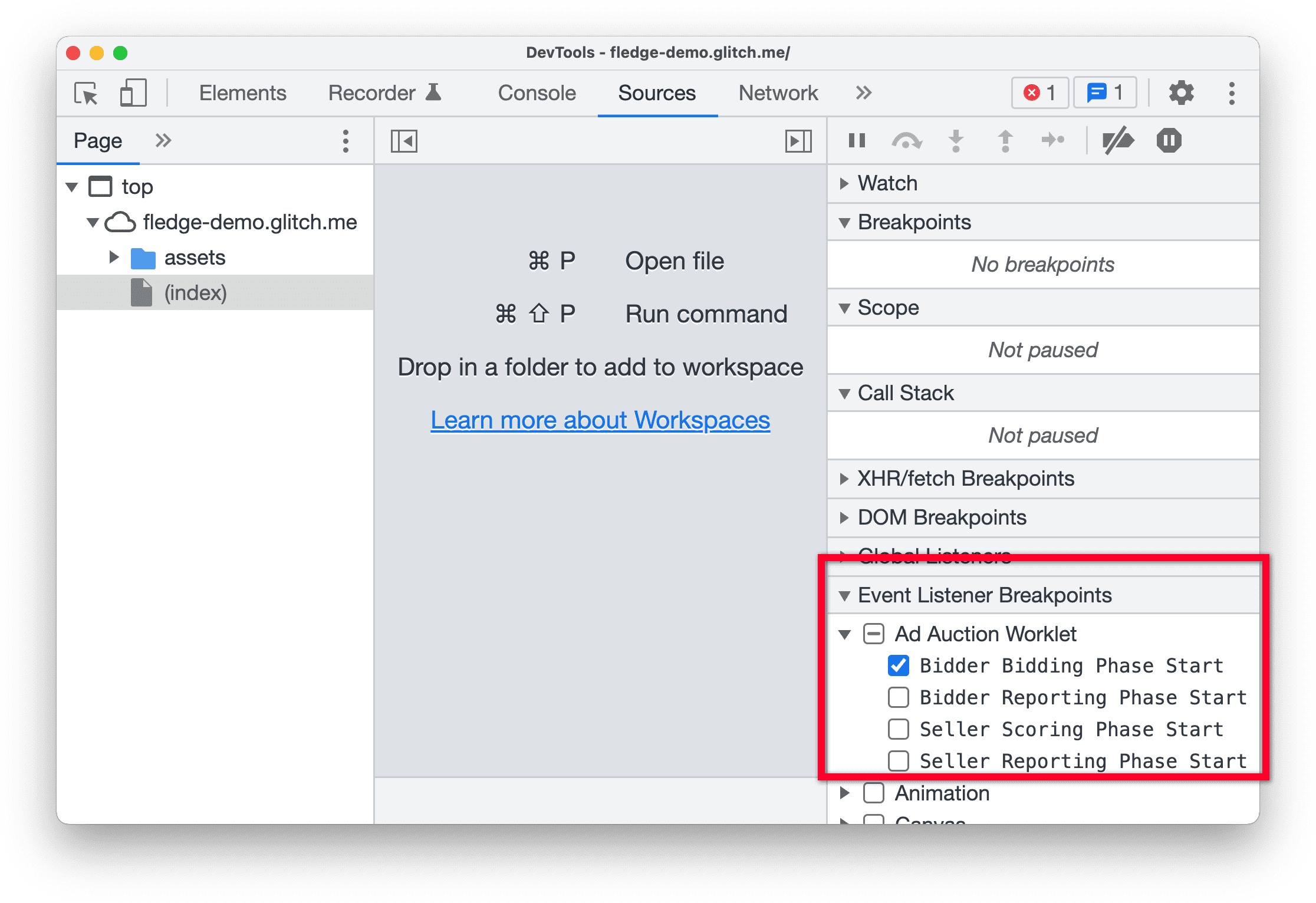 צילום מסך של
   כלי הפיתוח ב-Chrome Canary, עם הדגשת החלונית Event Listener Breakpoints בחלונית Sources.
   &#39;שלב ההתחלה של הבידינג של מגיש הצעות המחיר&#39; נבחר בקטע worklet של מכרז מודעות.