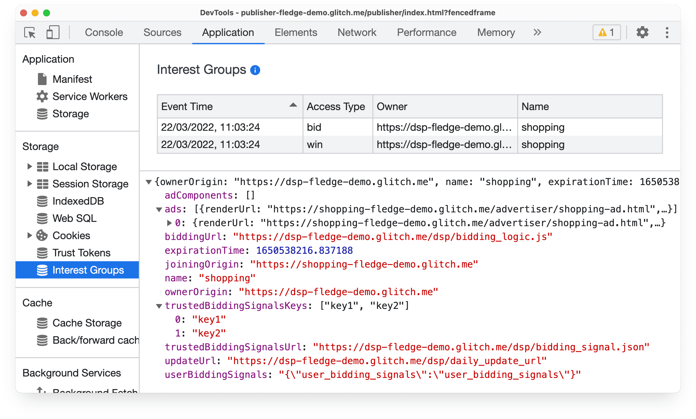 O
   painel &quot;Aplicativo do DevTools&quot; no Chrome Canary, mostrando informações sobre eventos de lances e de
   vitória de leilões da Protected Audience.