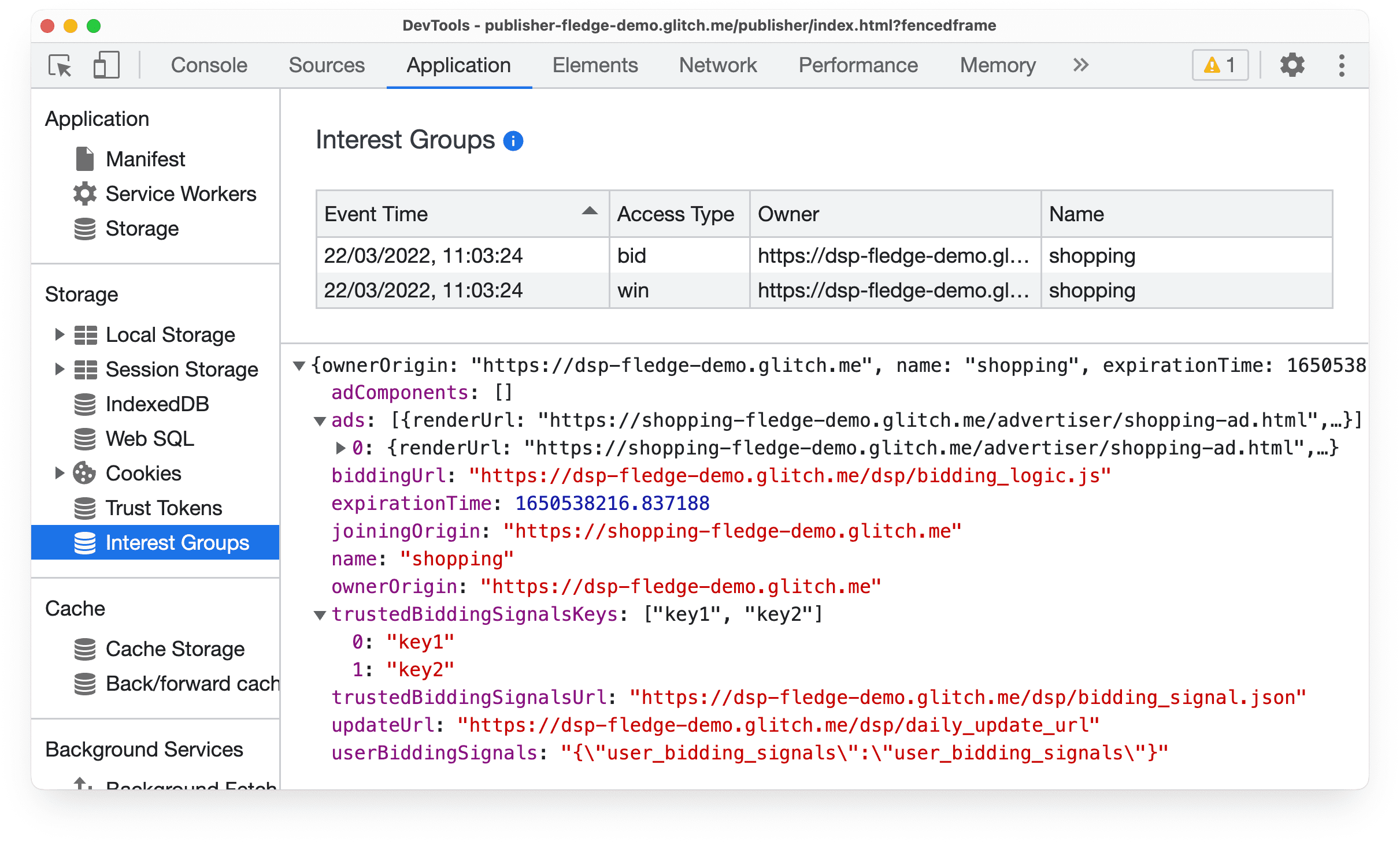پانل برنامه DevTools در Chrome Canary، اطلاعاتی را در مورد پیشنهاد حراج مخاطب محافظت شده و رویدادهای برنده نشان می دهد.