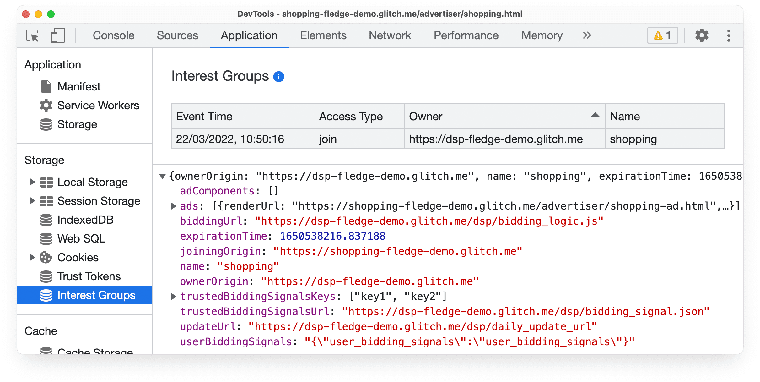 Chrome कैनरी
   में मौजूद DevTools ऐप्लिकेशन पैनल, जिसमें सुरक्षित ऑडियंस की दिलचस्पी वाले ग्रुप
   जॉइन इवेंट के बारे में जानकारी दी गई है.