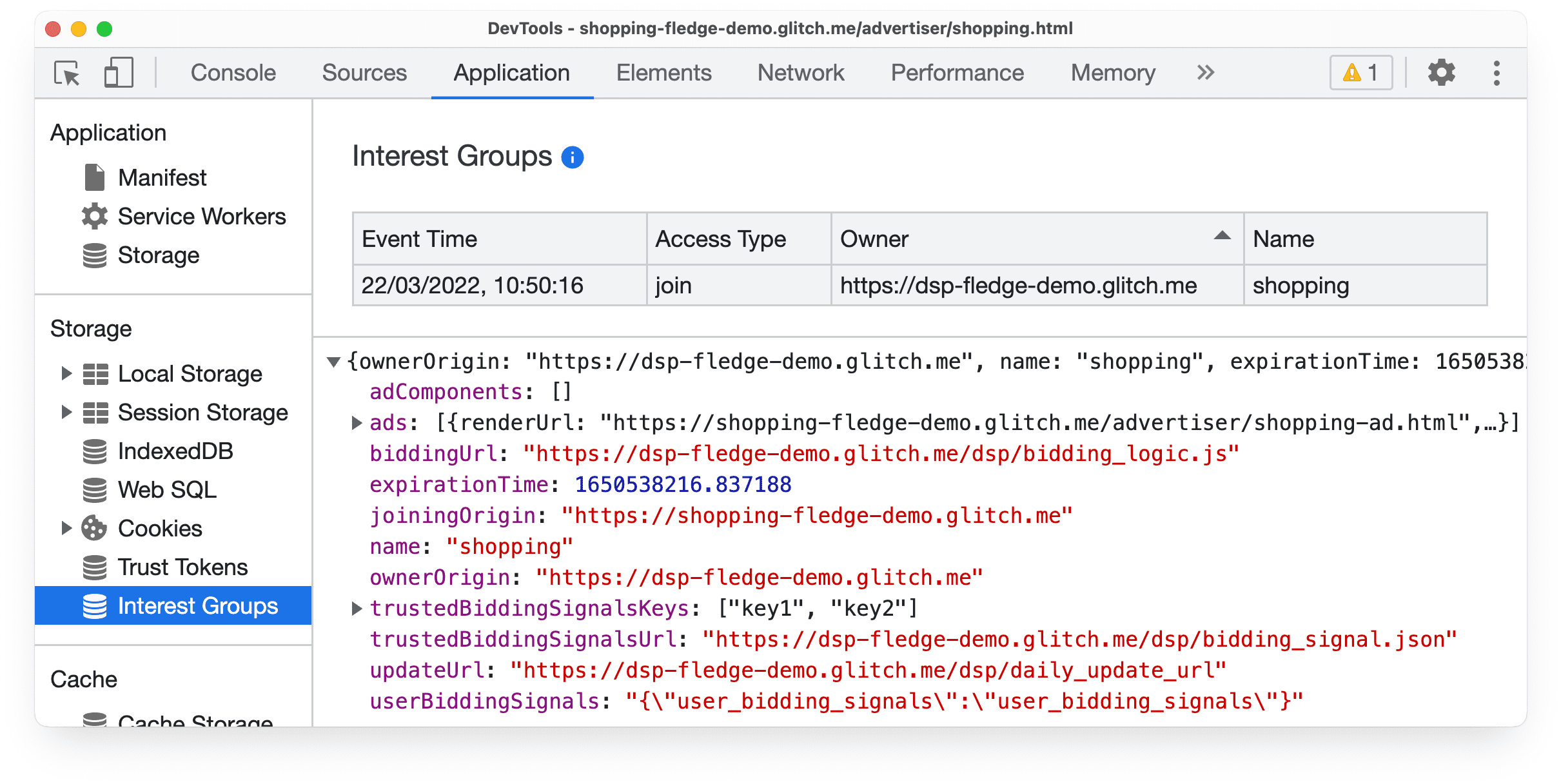 Der Bereich „DevTools-Anwendung“ in Chrome Canary mit Informationen zu einem Beitritt zu einer Protected Audience-Interessengruppe.