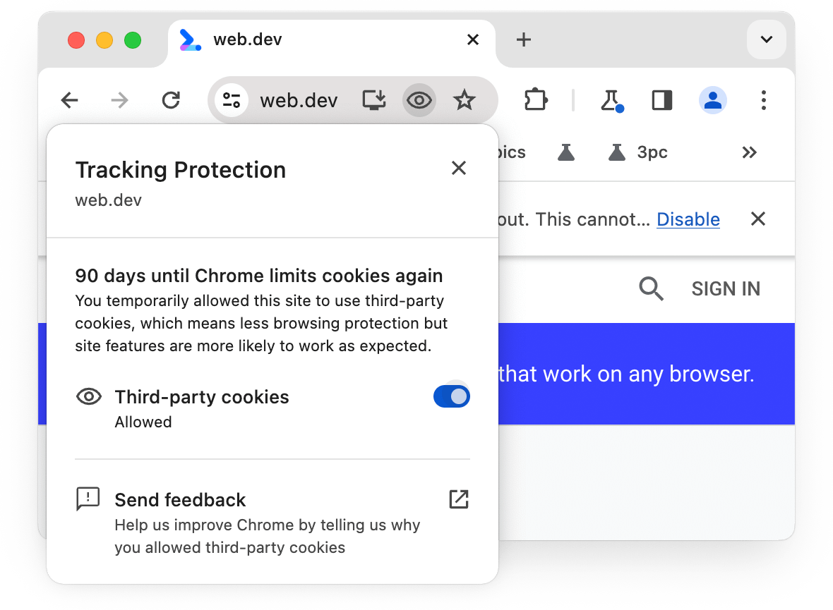 [サードパーティ Cookie] の切り替えボタンが [許可] に設定され、これが 90 日間許可されるという通知が表示されたトラッキング防止ダイアログ。