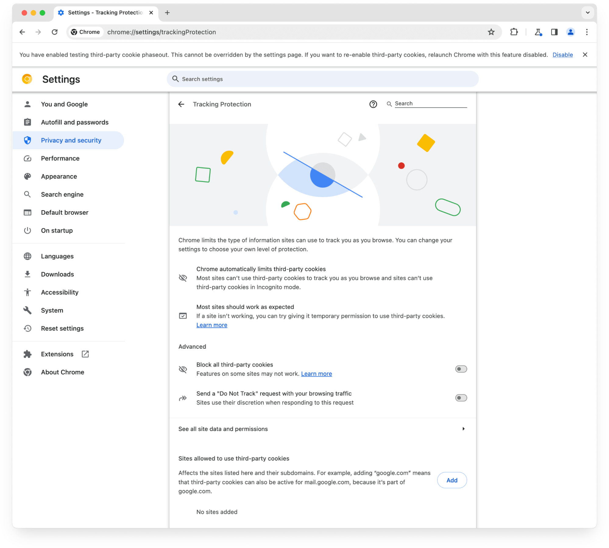 Captura de tela do painel de configurações da Proteção antirrastreamento que é semelhante ao painel anterior &quot;Cookies de terceiros&quot;.