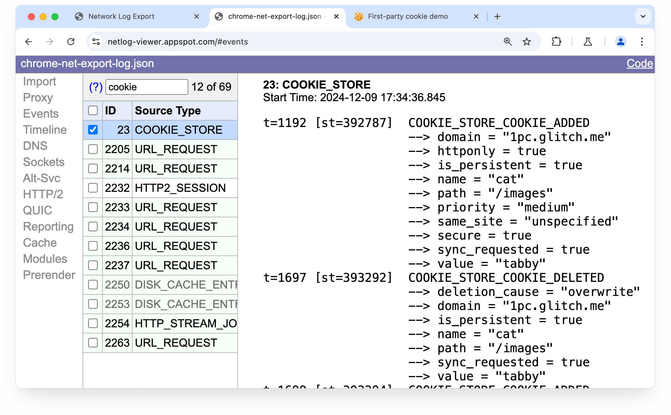 Netlog görüntüleyicisinde görüntülenen chrome://net-export çıkışı