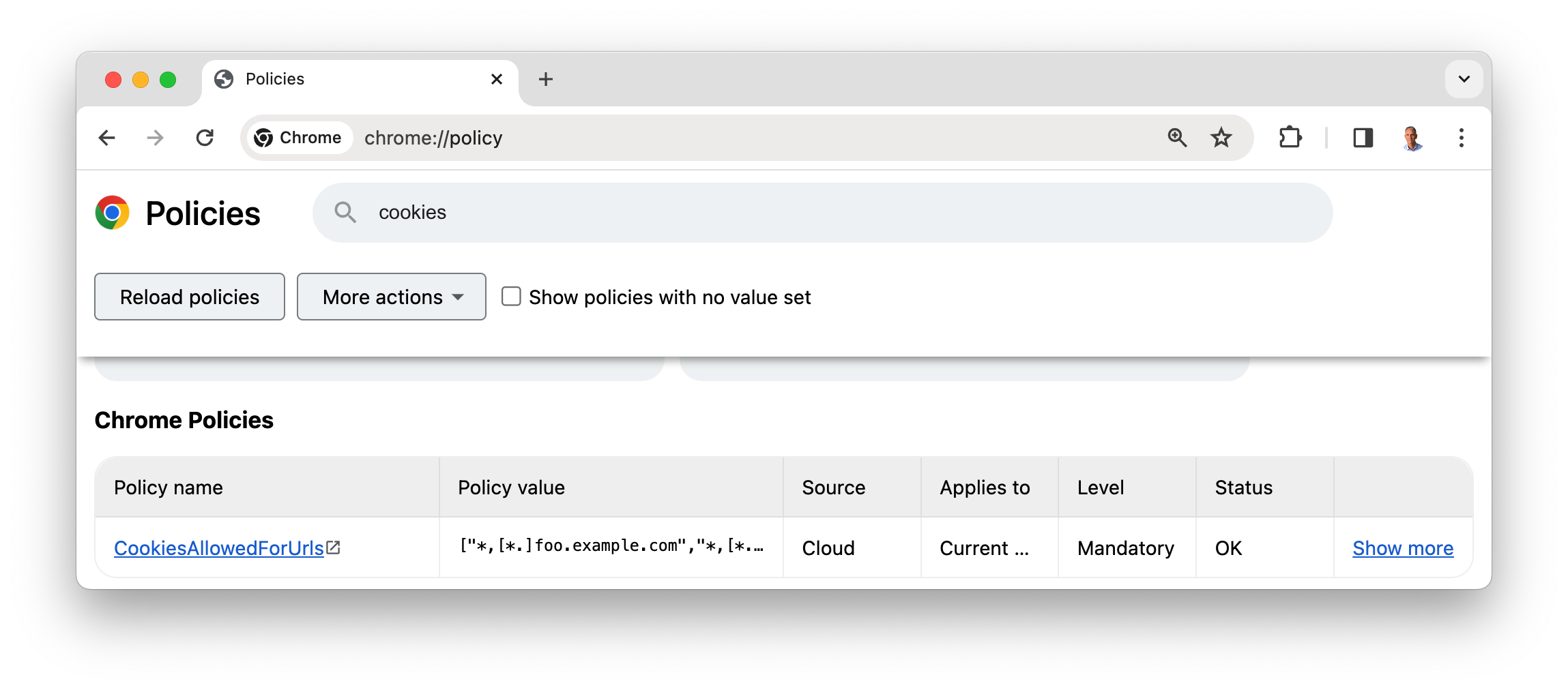 chrome://policy in einer Chrome Enterprise-Umgebung mit festgelegten Richtlinien