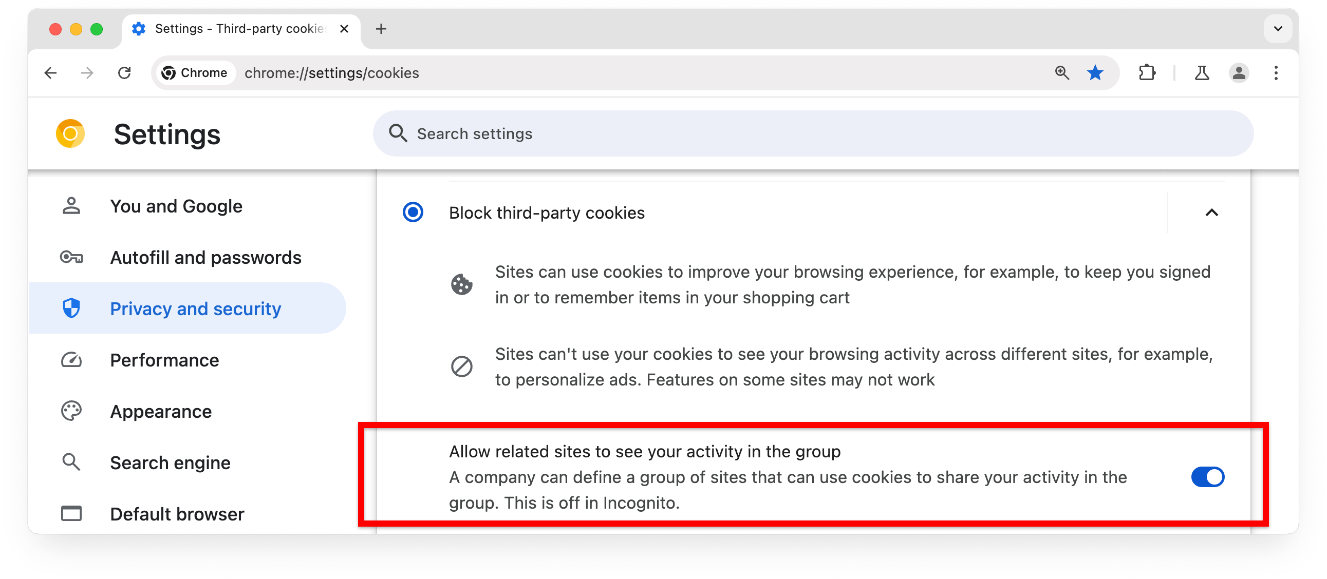 chrome://settings, mostrando como os conjuntos de sites relacionados podem ser permitidos se os cookies de terceiros estiverem bloqueados