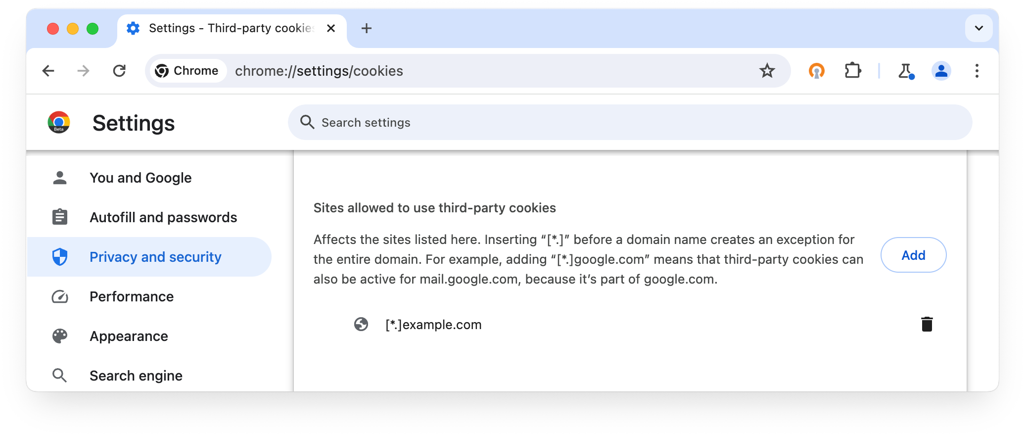 chrome://settings/cookies: Sitios que pueden usar cookies de terceros