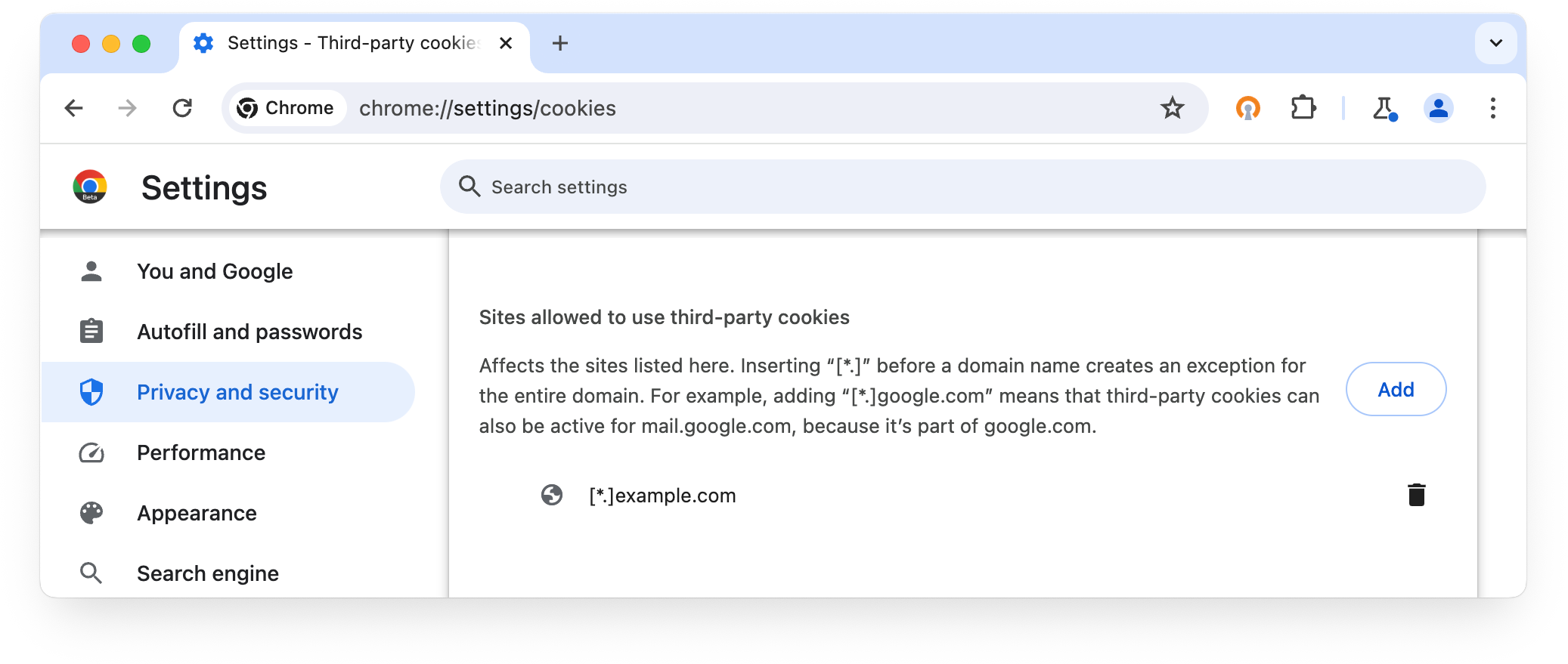 chrome://settings/cookies: サードパーティ Cookie の使用が許可されているサイト