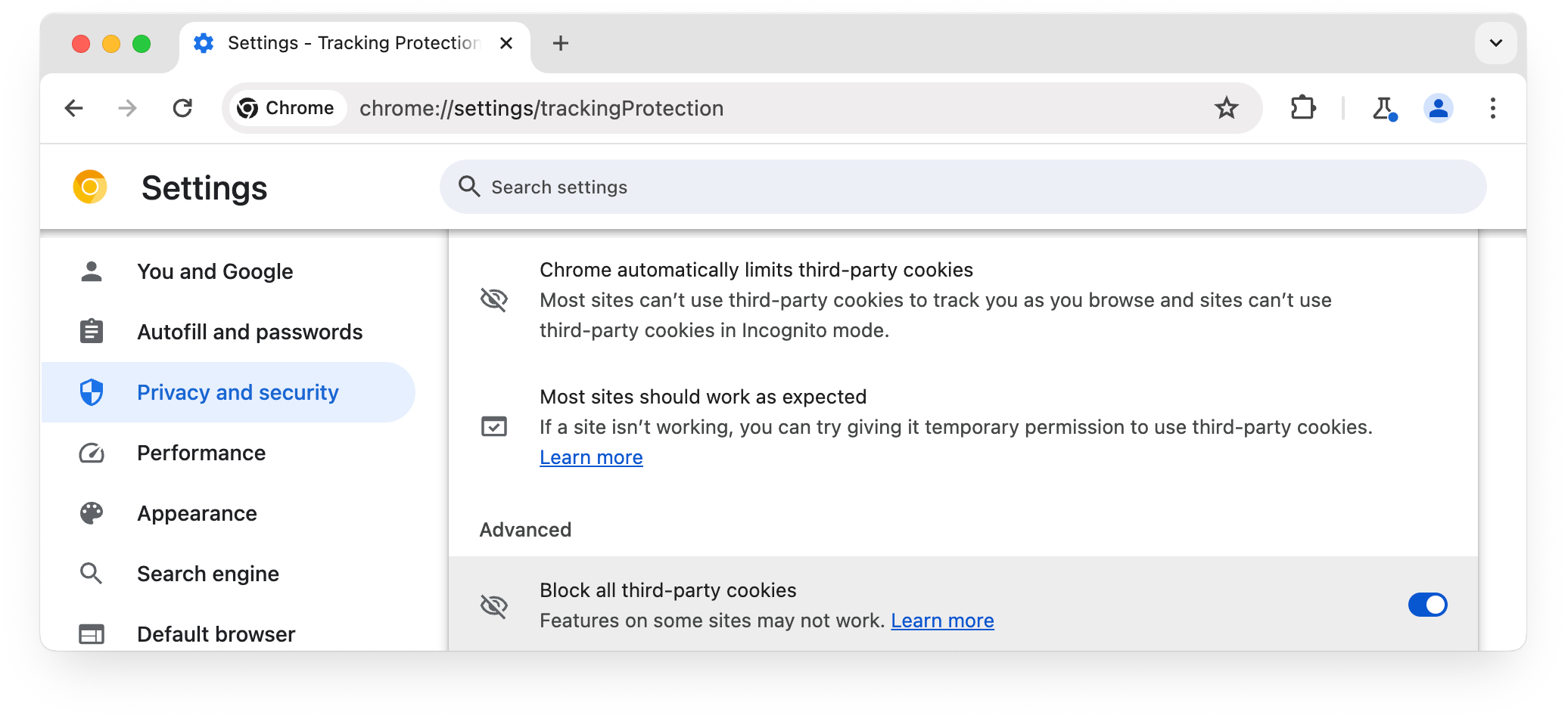 chrome://settings/trackingProtection 페이지, 선택된 모든 서드 파티 쿠키 차단