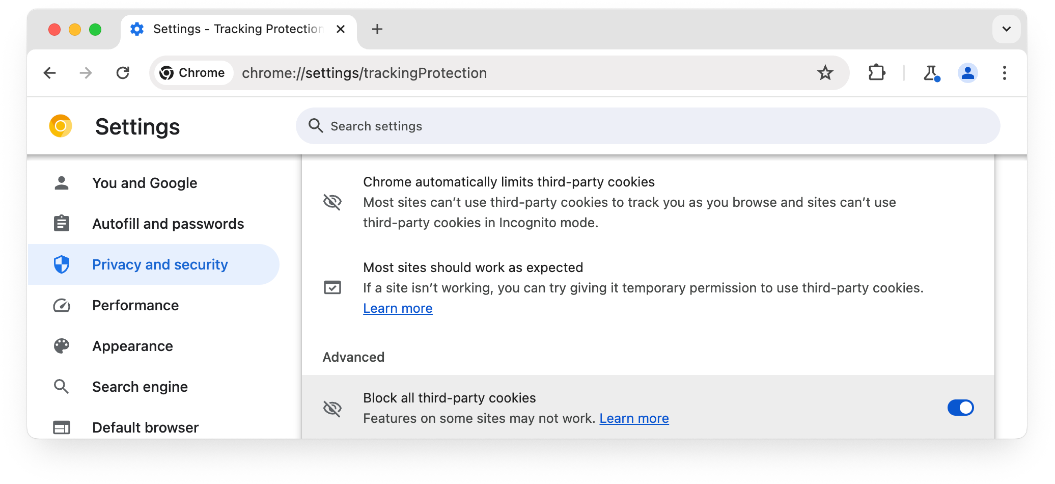 halaman chrome://settings/trackingProtection, blokir semua cookie pihak ketiga yang dipilih