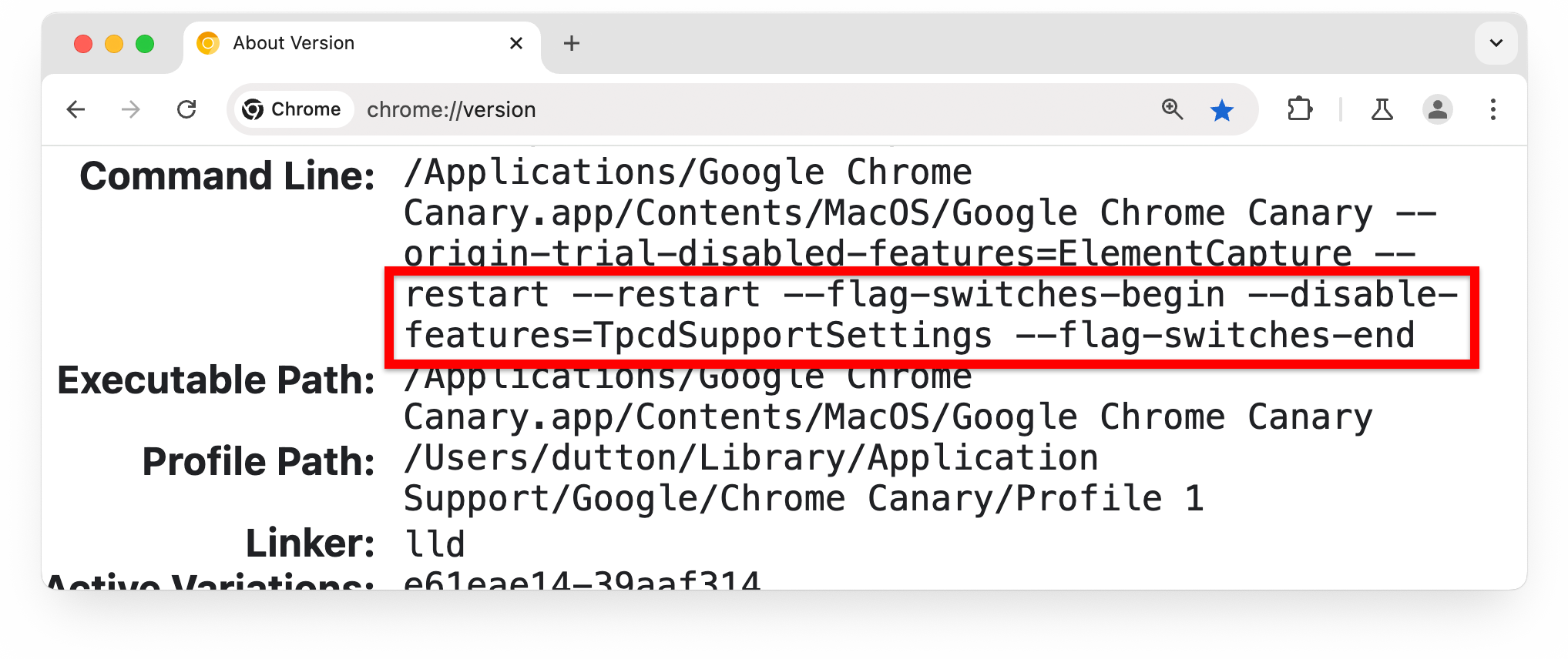 หน้า chrome://version ที่ไฮไลต์ Flag ในส่วน Command Line