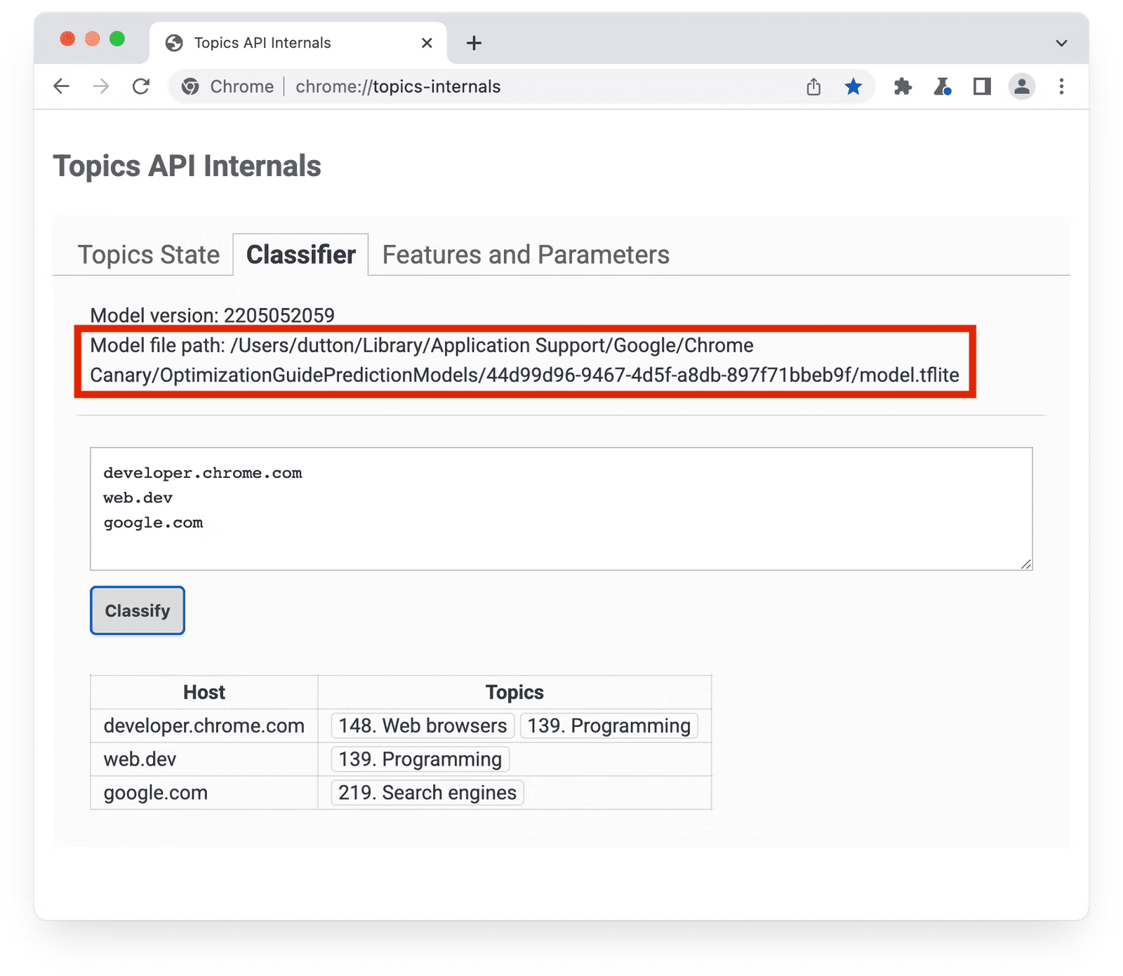 Página chrome://topics-internals con el panel Clasificador seleccionado y la ruta del archivo tflite destacada.