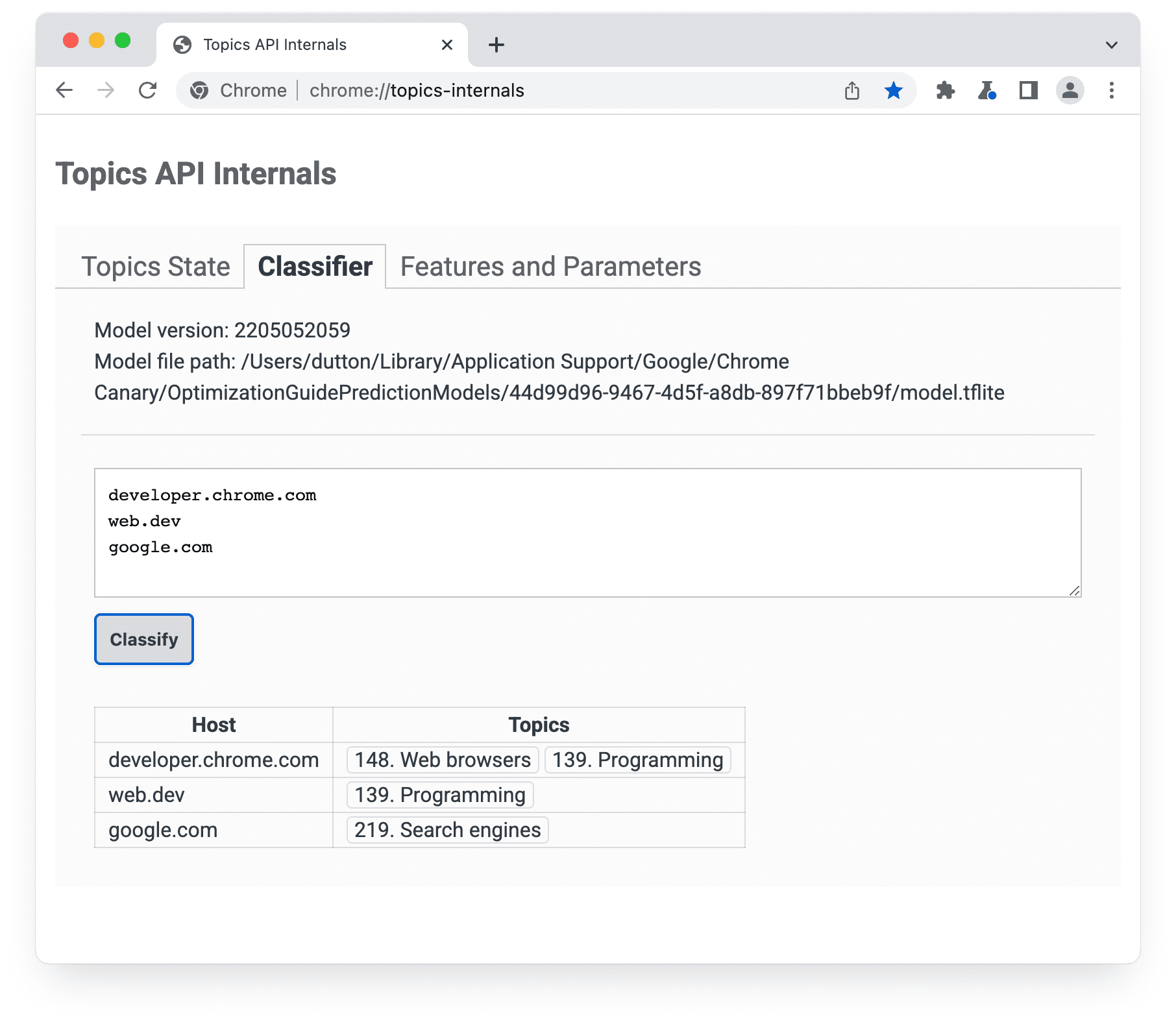 chrome://topics-internals 頁面，已選取「分類器」面板。