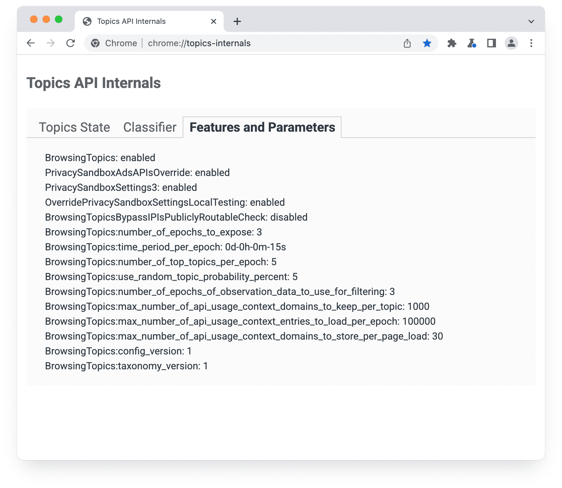 chrome://topics-internals पेज को, सुविधाओं और पैरामीटर पैनल के साथ चुना गया है.