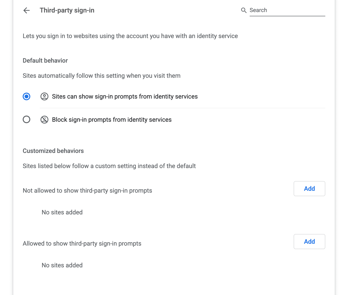 Habilita FedCM en la configuración de Chrome para computadoras de escritorio activando el acceso de terceros.