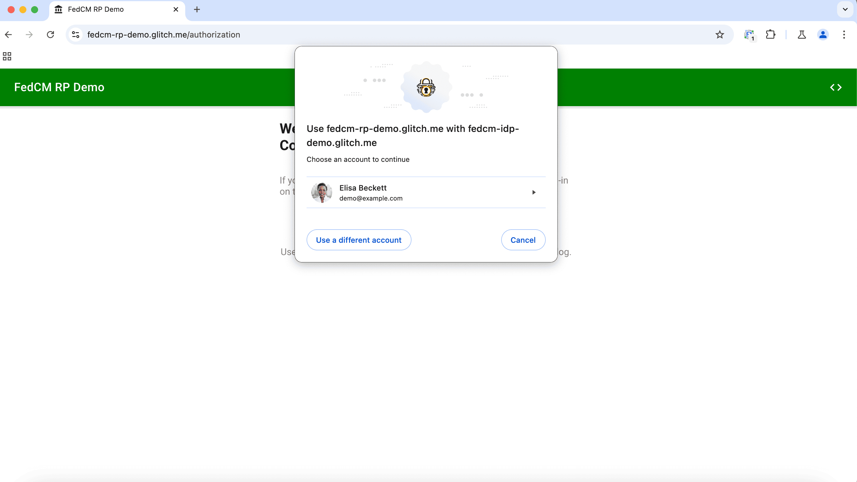 Un diálogo de modo activo de acceso de FedCM en una computadora de escritorio que le solicita a un usuario que acceda con su cuenta. El diálogo contiene un ícono de desarrollo de la marca y opciones para acceder a la RP con la cuenta actual que proporciona la AC, elegir otra cuenta o cancelar. El diálogo está centrado y es más grande que el diálogo del modo pasivo.