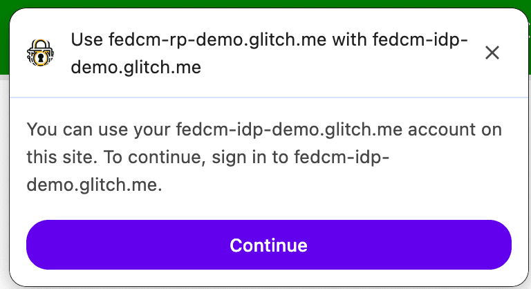 A FedCM dialog displaying a customized context message: instead of 'Sign in' with FedCM the context message says 'Use' FedCM.