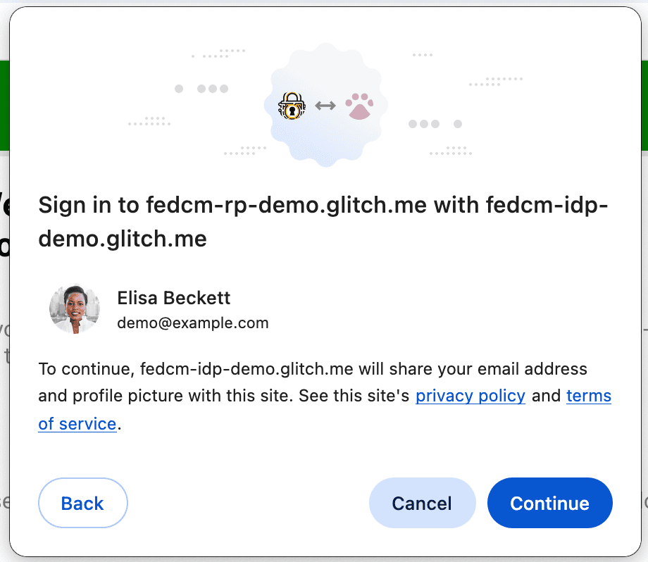 Boîte de dialogue du mode actif FedCM affichant un message d&#39;information. Pour continuer, le fournisseur d&#39;identité partagera l&#39;adresse e-mail et la photo de profil de l&#39;utilisateur avec le site Web.