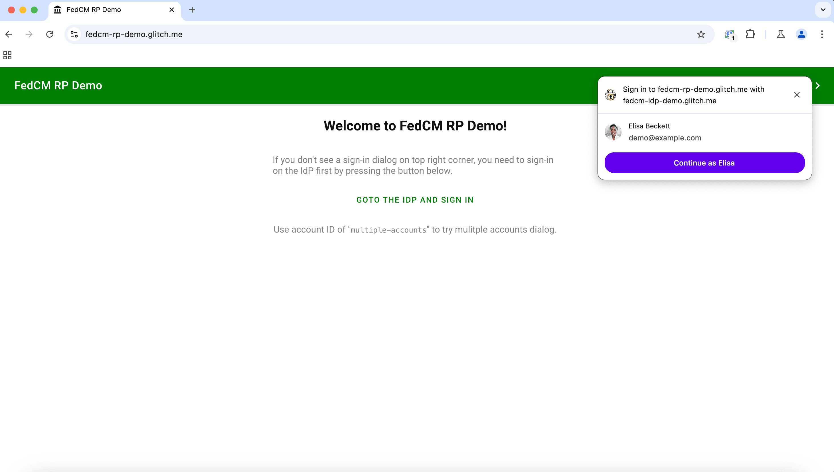 Dialog mode pasif login FedCM di desktop yang meminta pengguna untuk login dengan akunnya. Dialog ini berisi ikon branding dan opsi untuk login ke RP dengan akun saat ini yang disediakan oleh IdP, atau membatalkan. Dialog akan muncul di sisi kiri atas tab browser.