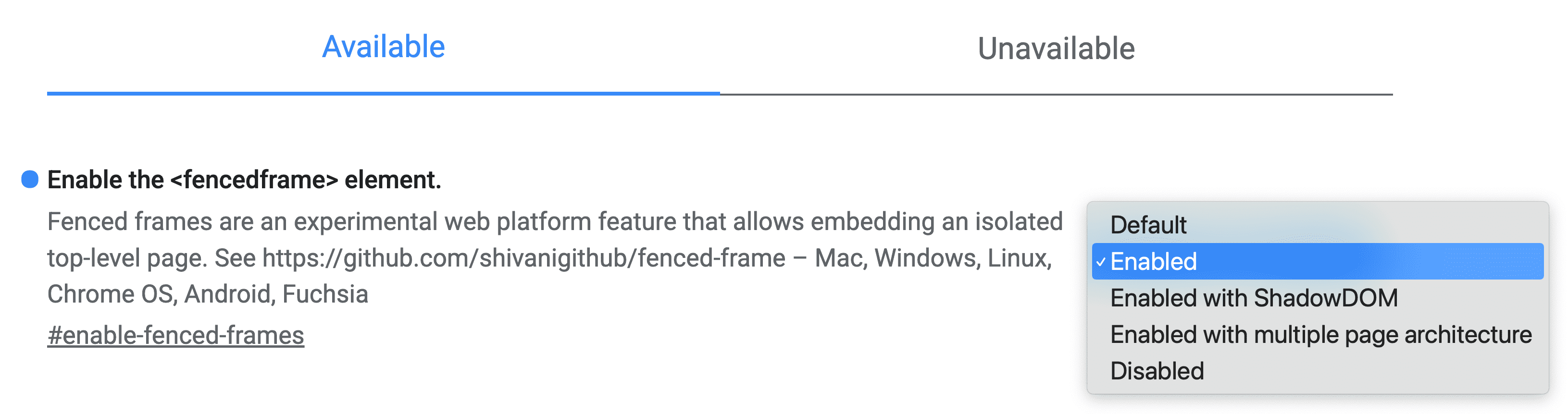 Legen Sie in Chrome-Tests für das Flag „Enable the Fenced frame element“ (Element für eingegrenzten Frame aktivieren) die Option „Enabled“ (Aktiviert) fest.