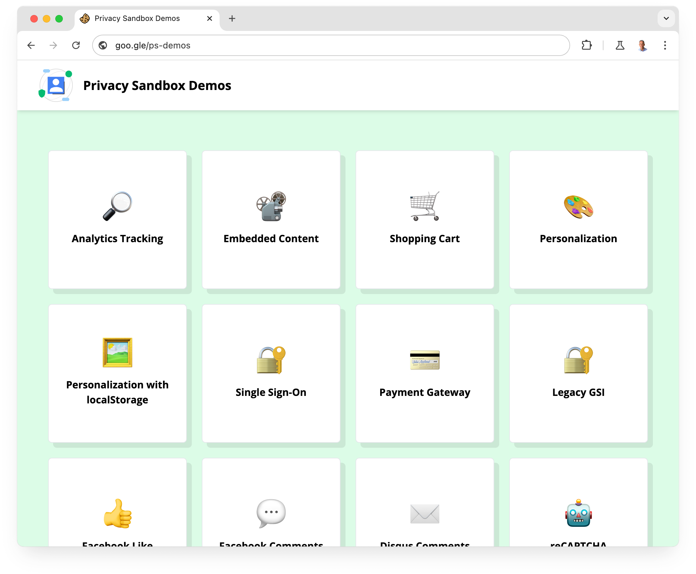 Privacy Sandbox Demos page, showing critical use cases including analytics tracking, embedded content, shopping cart and reCAPTCHA.