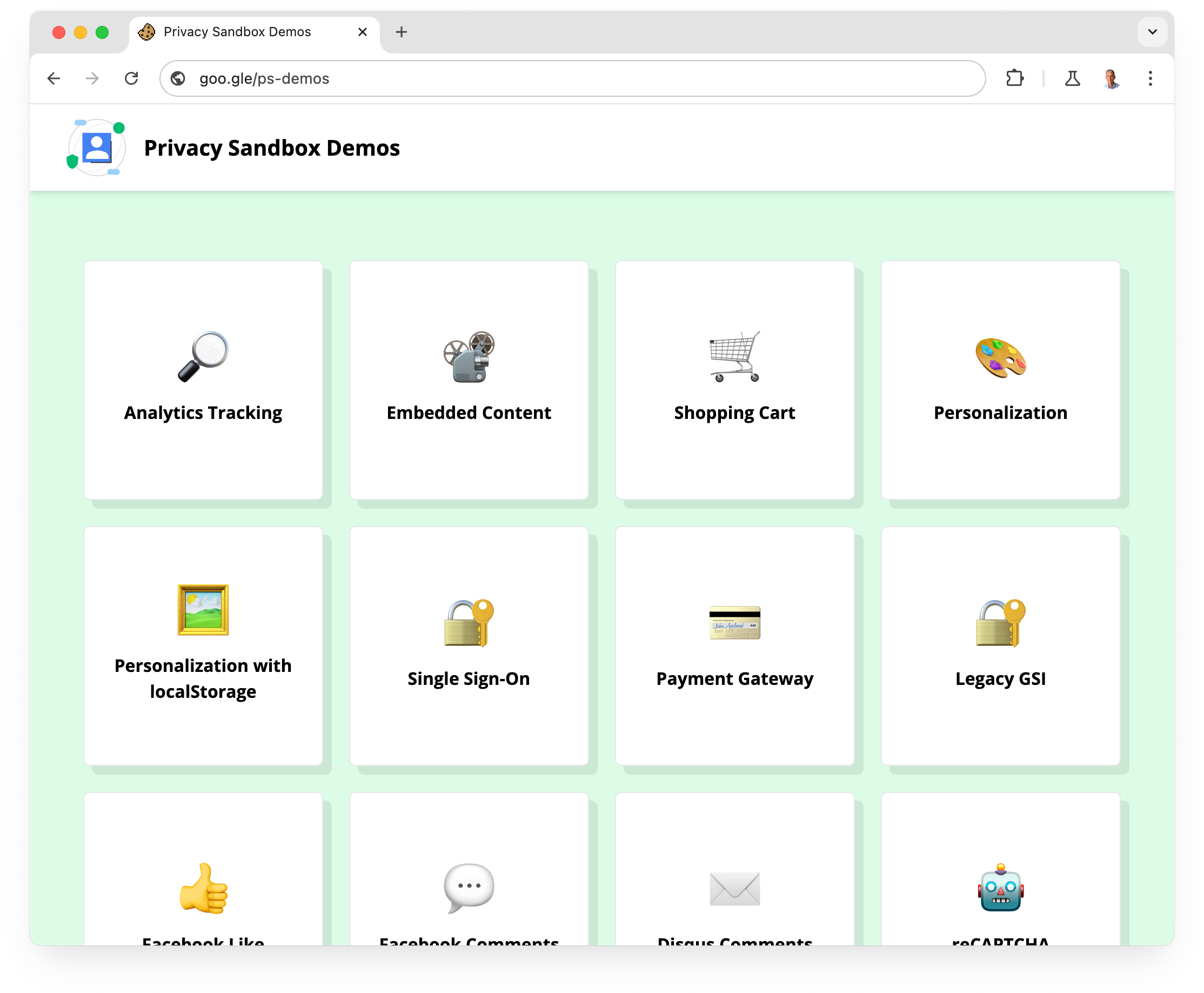 Privacy Sandbox 演示页面，展示关键用例，包括分析跟踪、嵌入内容、购物车和 reCAPTCHA。