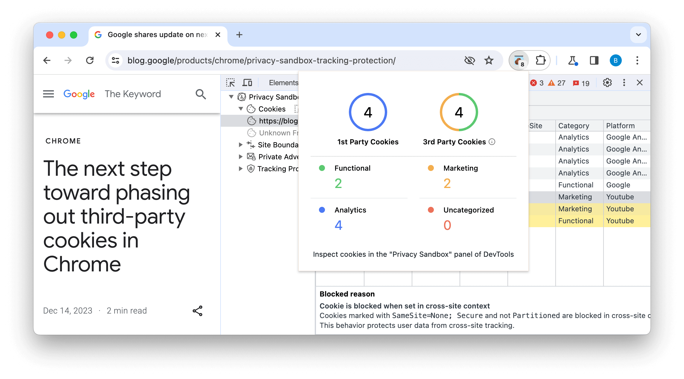 Privacy Sandbox Analysis Tool (PSAT) screenshot showing the number and types of cookies used in a modal and the list of cookies behind that with the reason they are blocked.