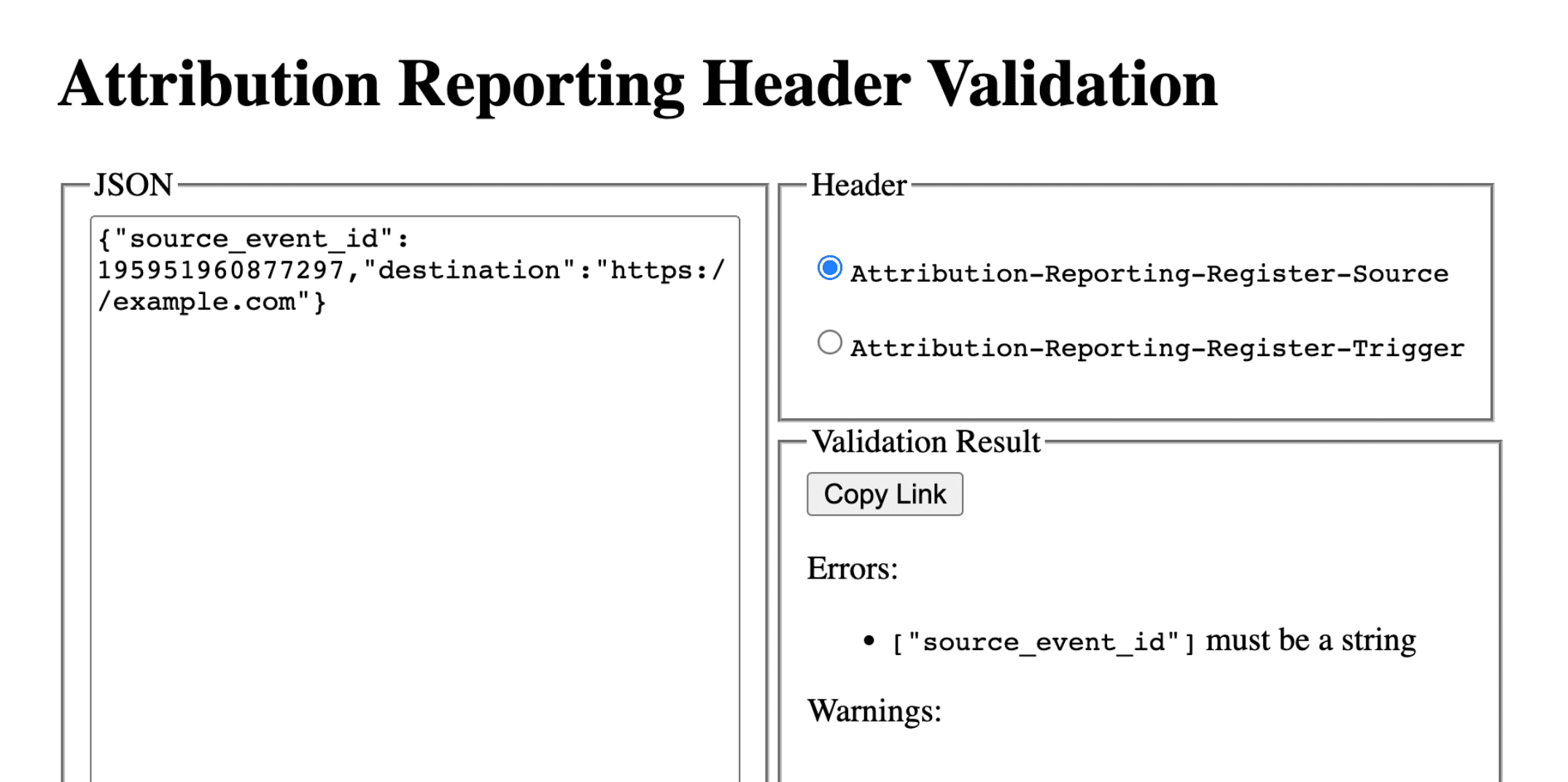 Capture d&#39;écran: outil de validation d&#39;en-tête