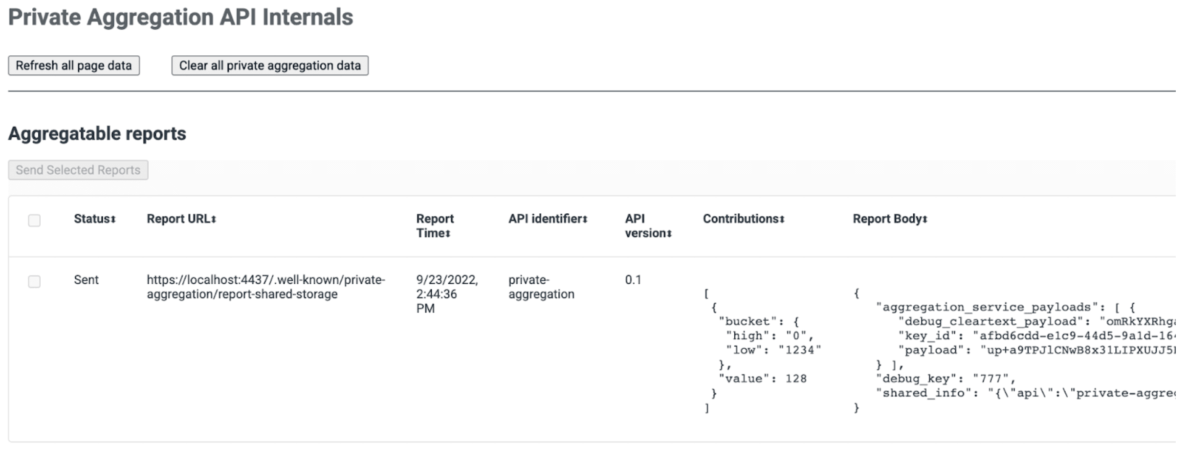 screenshot della pagina dei dati interni dell&#39;API Private Aggregation