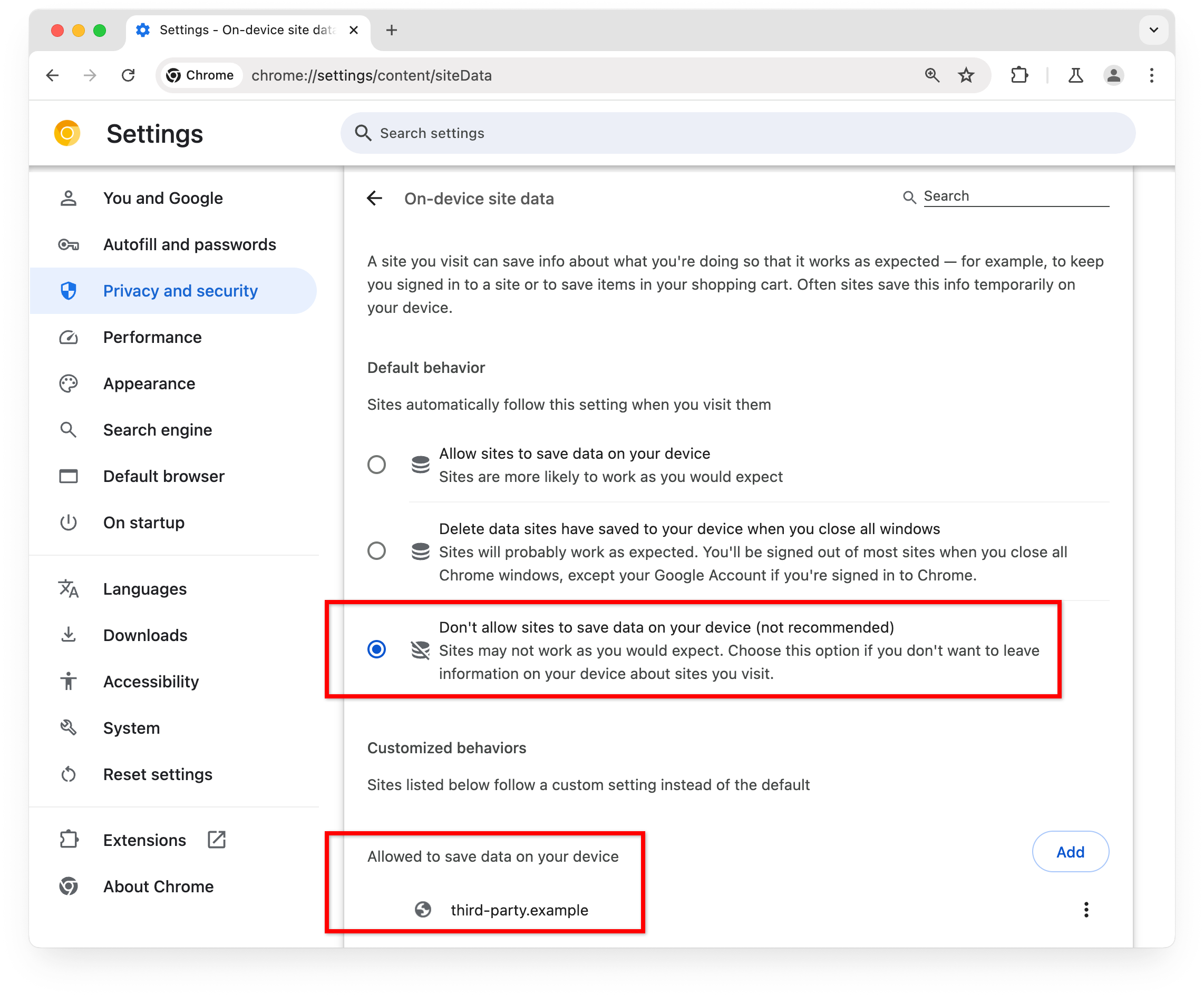 Página de configuración de Chrome: Se seleccionó la opción para no permitir que los sitios guarden datos en tu dispositivo. Se agregó el sitio third-party.example a sitios permitidos para guardar datos en tu dispositivo