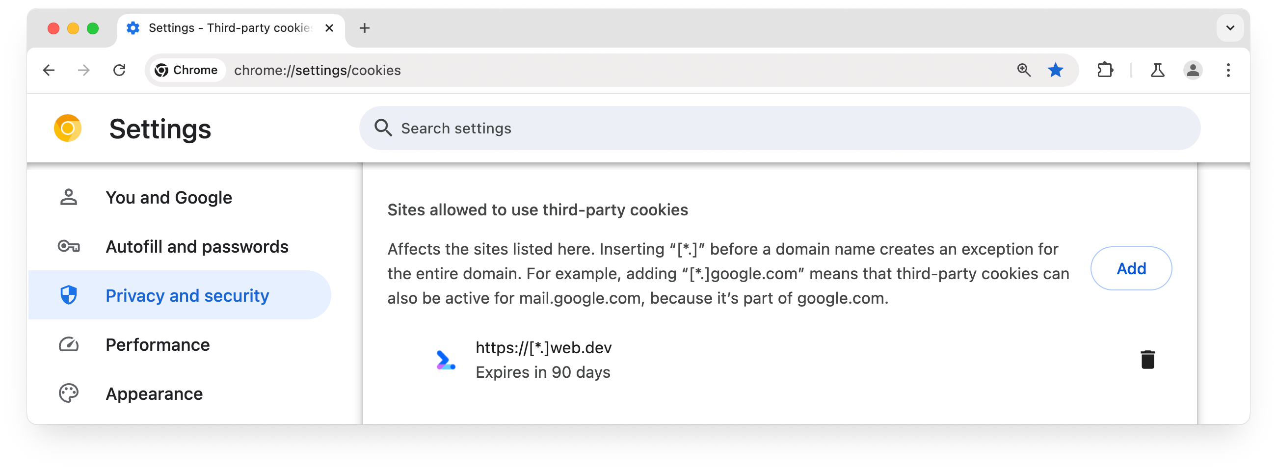 chrome://settings 頁面，顯示允許使用第三方 Cookie 的網站