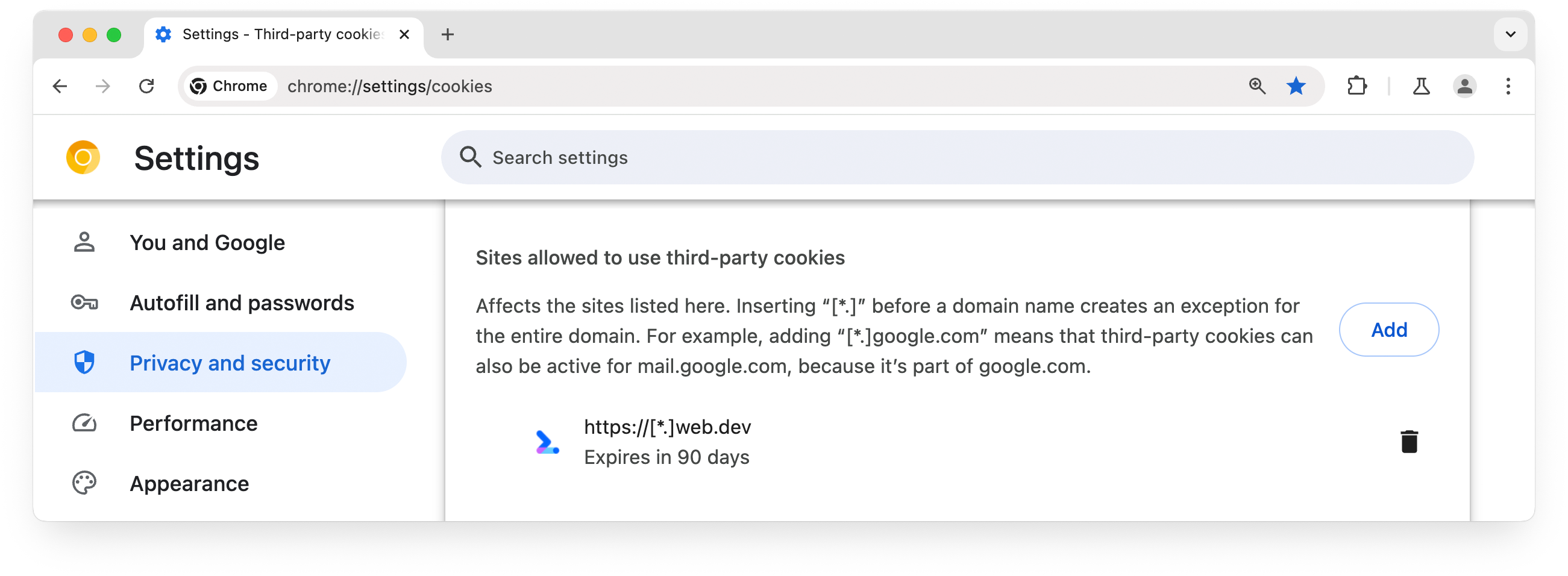 halaman chrome://settings yang menunjukkan situs yang diizinkan untuk menggunakan cookie pihak ketiga